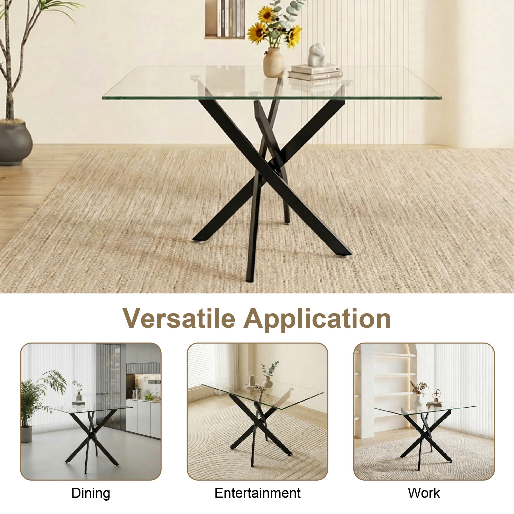 Versatile application graphic showing the glass table used for dining, entertainment and work