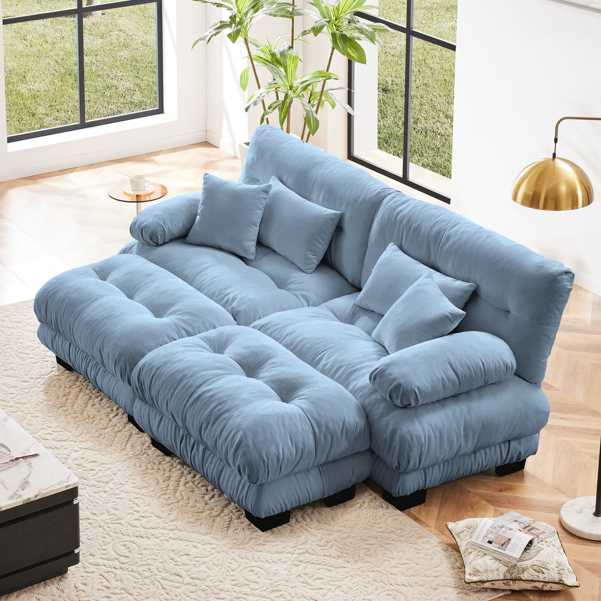 Blue Chenille 2-Seat Couch with 2 Ottomans, Bolster Arms