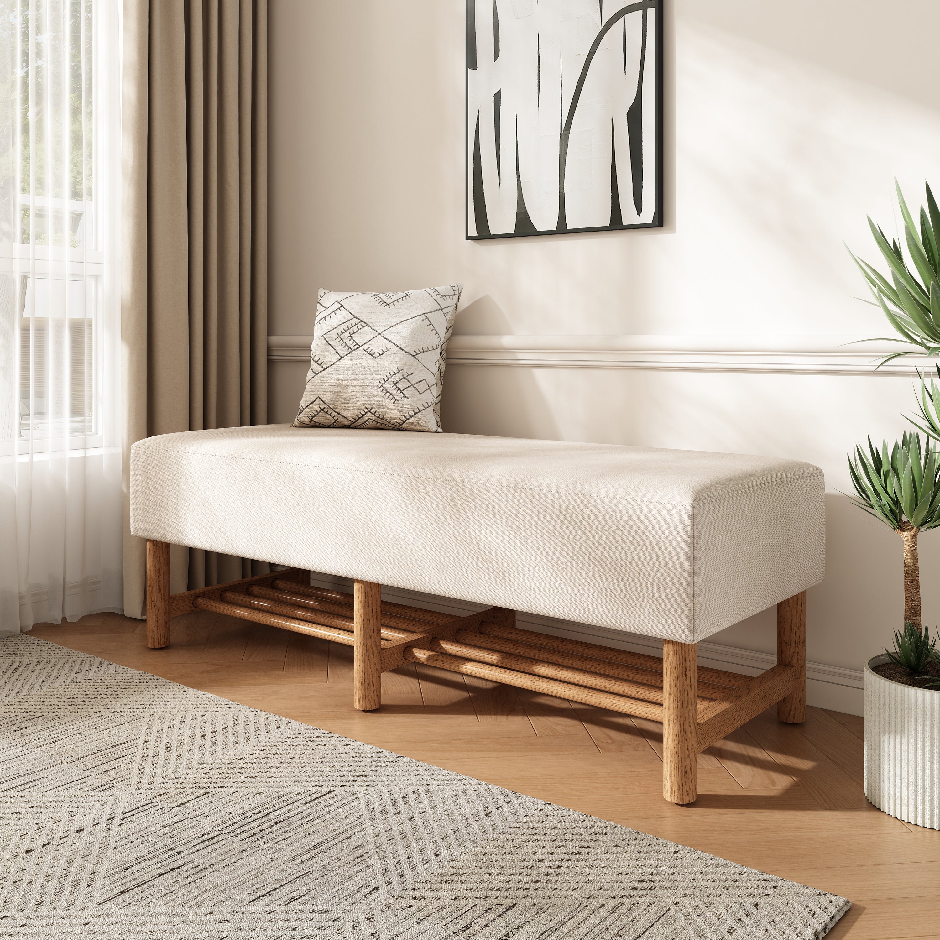 Linen Ottoman Bench, Beige 48-Inch with Wood Shelf
