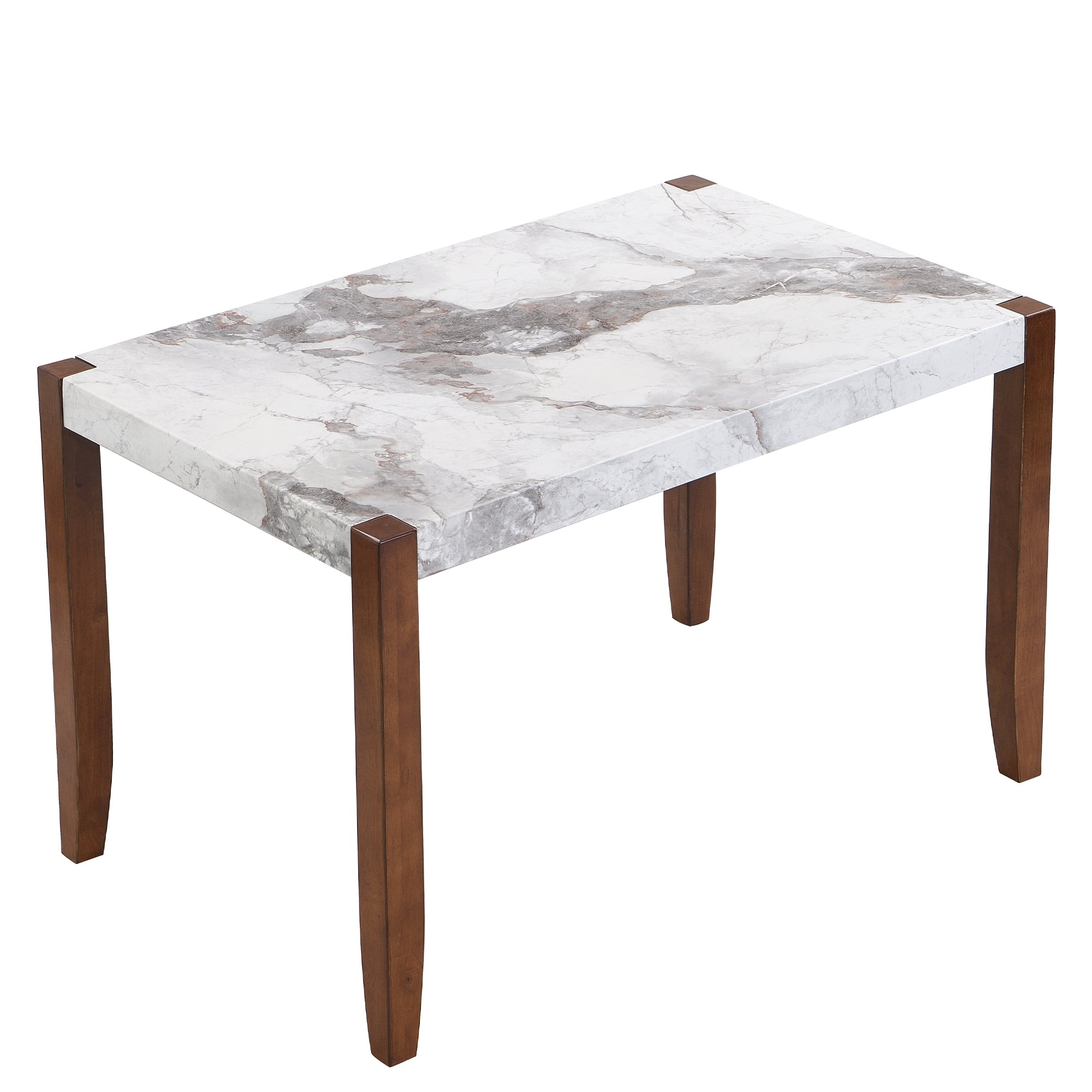 Three-quarter studio view of the faux marble dining table with brown wood legs on white background