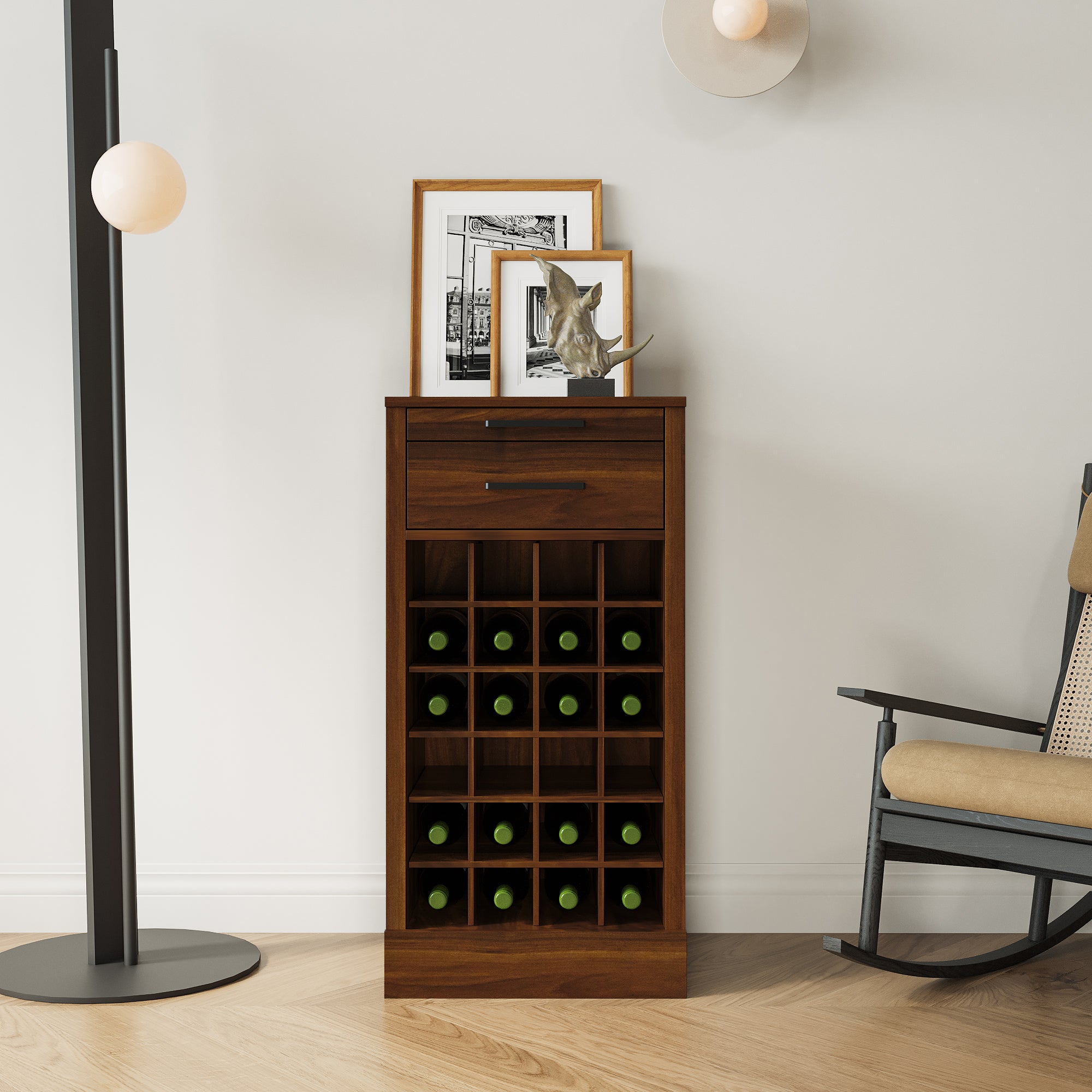 Walnut Wine Bar Cabinet with Drawer, Modular Bottle Rack Storage