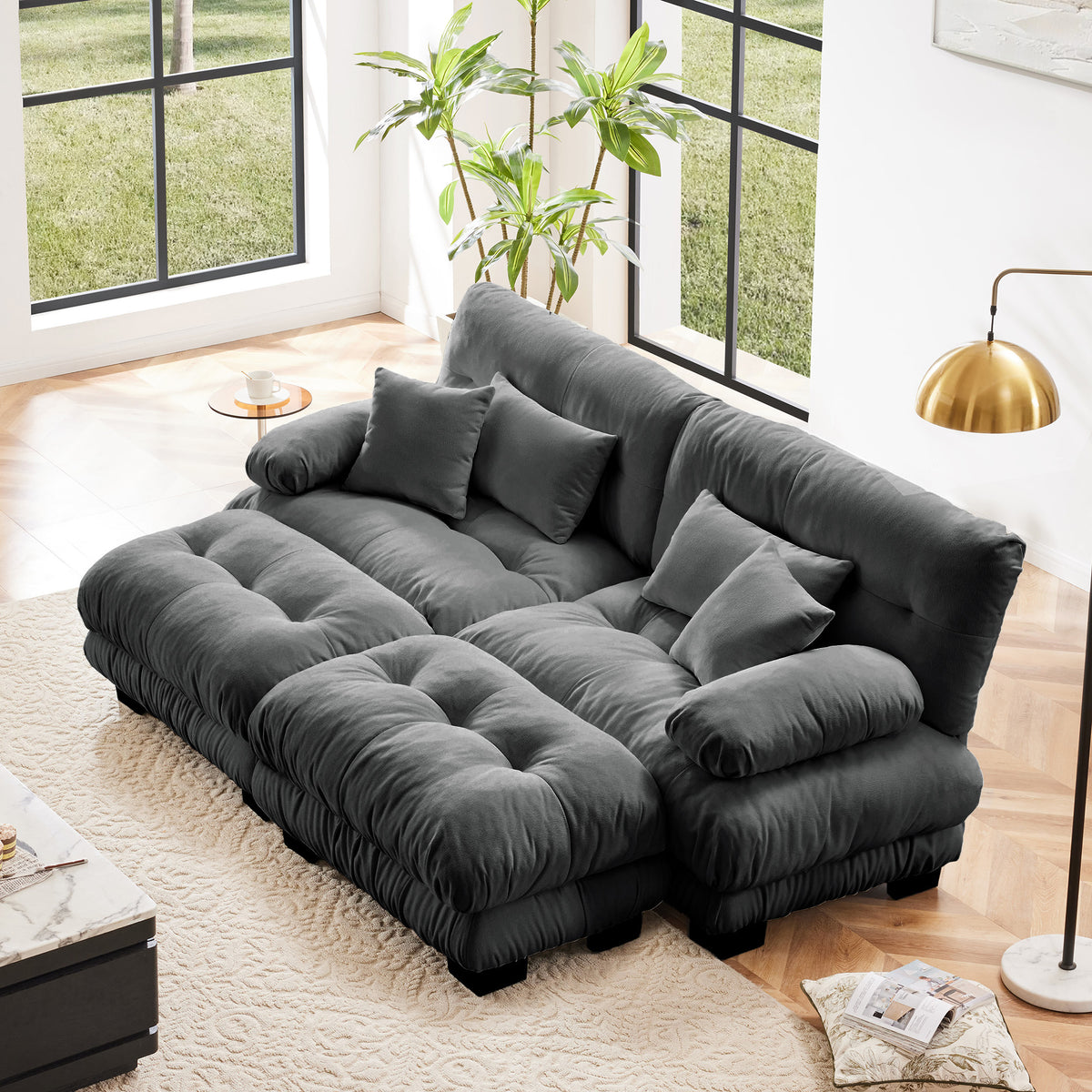 Gray Chenille 2-Seat Couch with 2 Ottomans