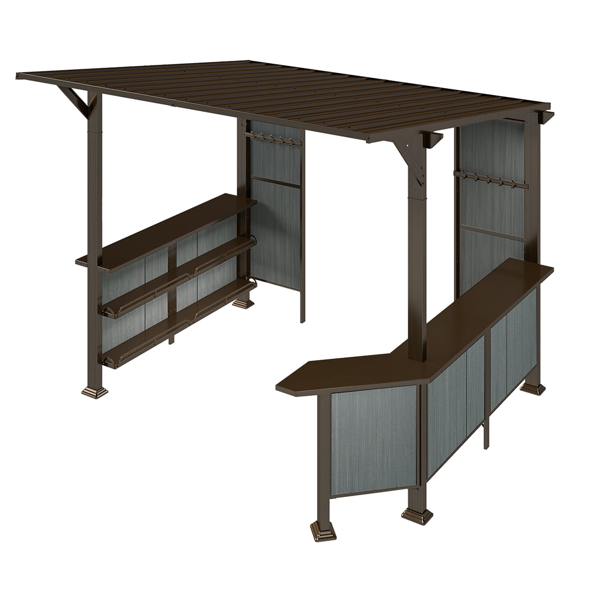 9x10 ft Brown Metal Hardtop Gazebo with Side Shelves