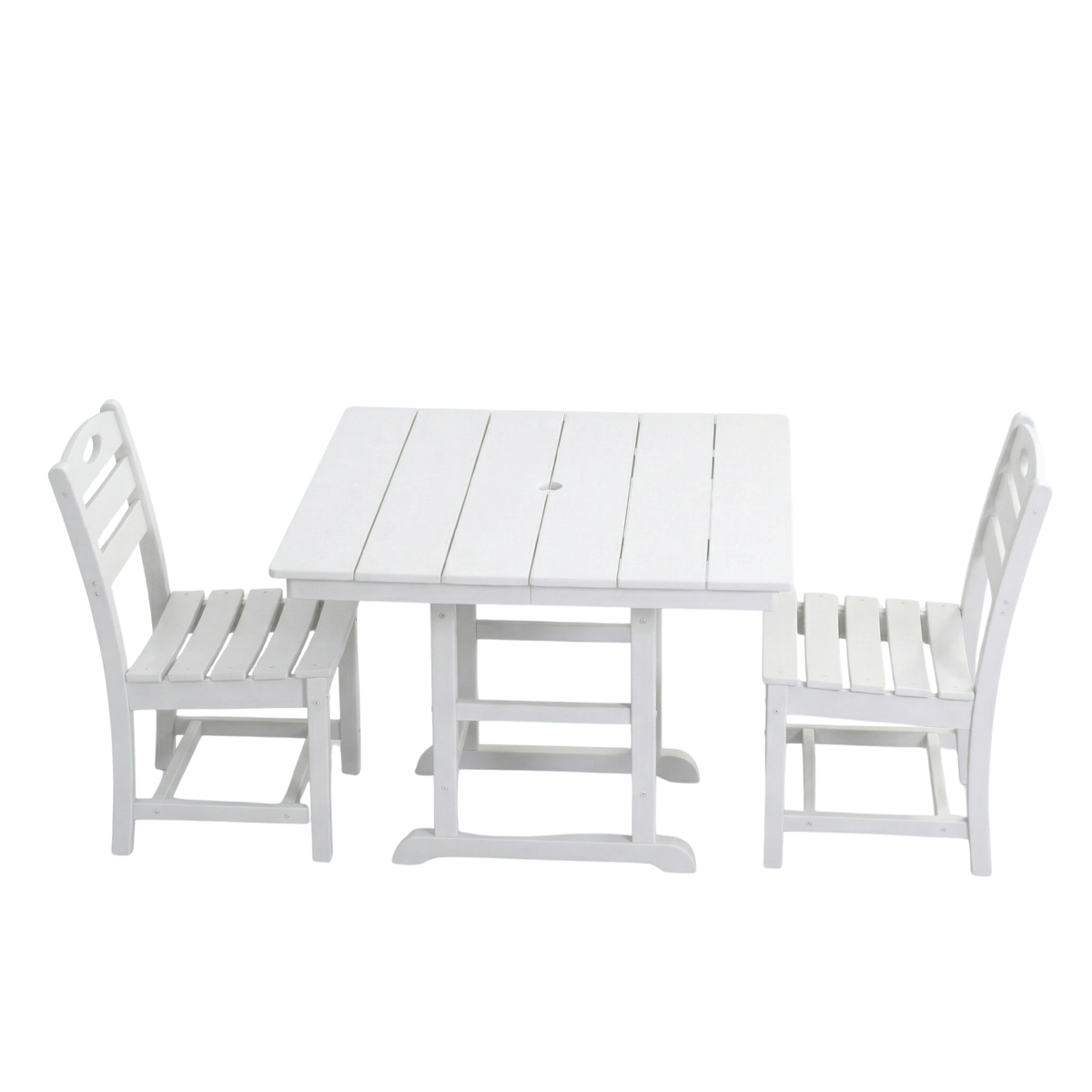 White HDPE 3-Piece Patio Dining Set for 2 with Umbrella Hole