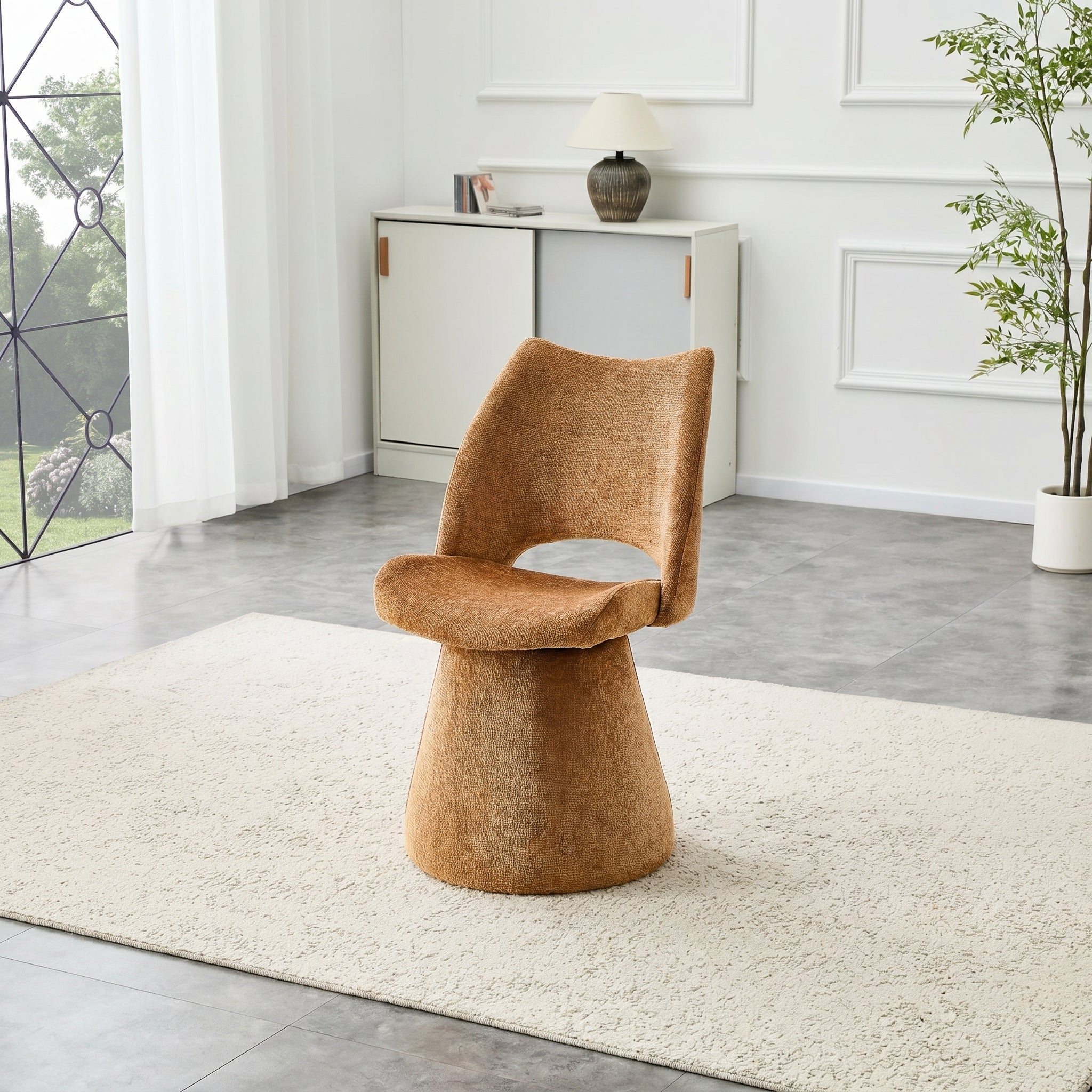 Upholstered Swivel Dining Chair, Caramel Brown with Open Curved Back