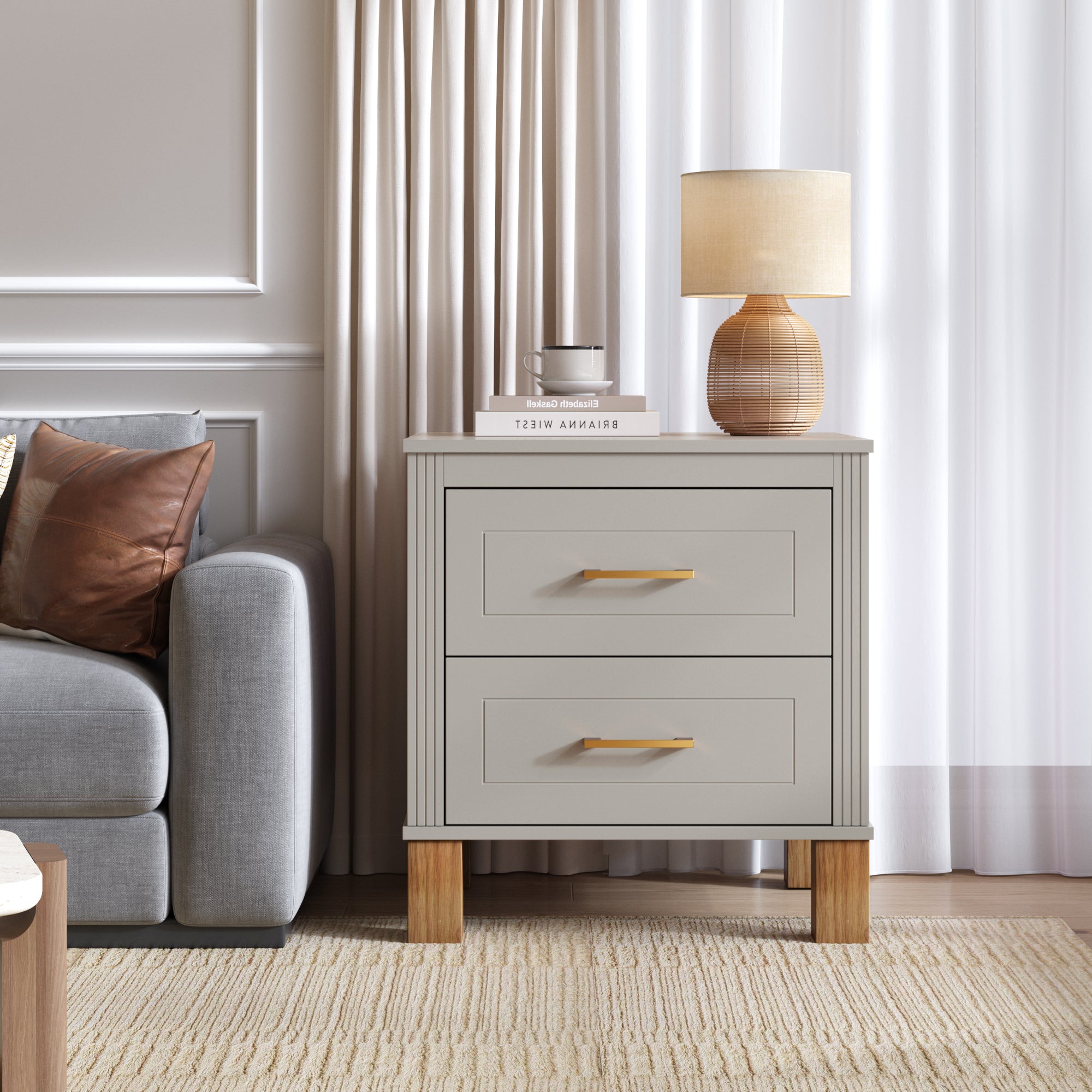 Gray Fluted Nightstand, 2 Drawers with Wood Legs