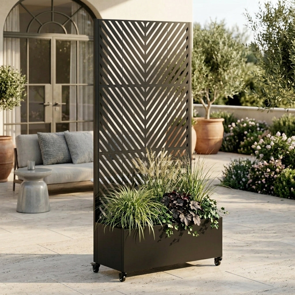 Black Metal Raised Outdoor Planter with Trellis, 73.2 in Tall