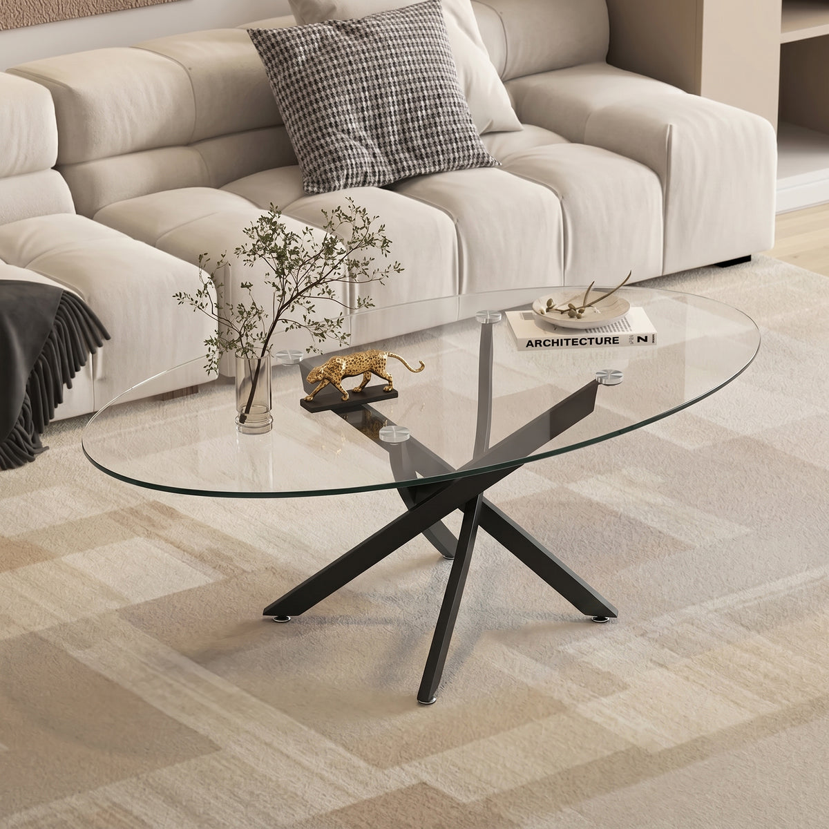 Black Glass Top Oval Coffee Table, 39.4 in