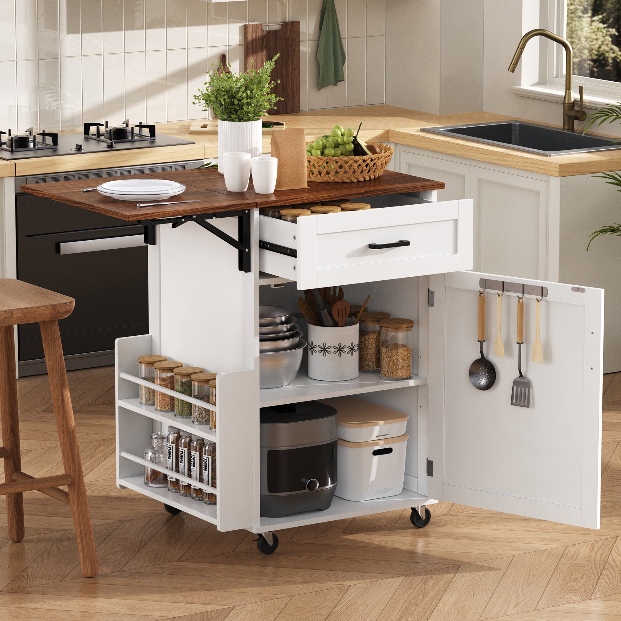 39.3'' Farmhouse Kitchen Island, White, Drop-Leaf & Side Rack