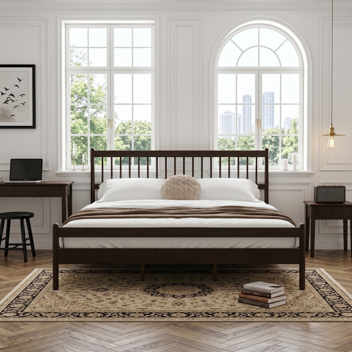 Full brown pine king bed frame with headboard, front view