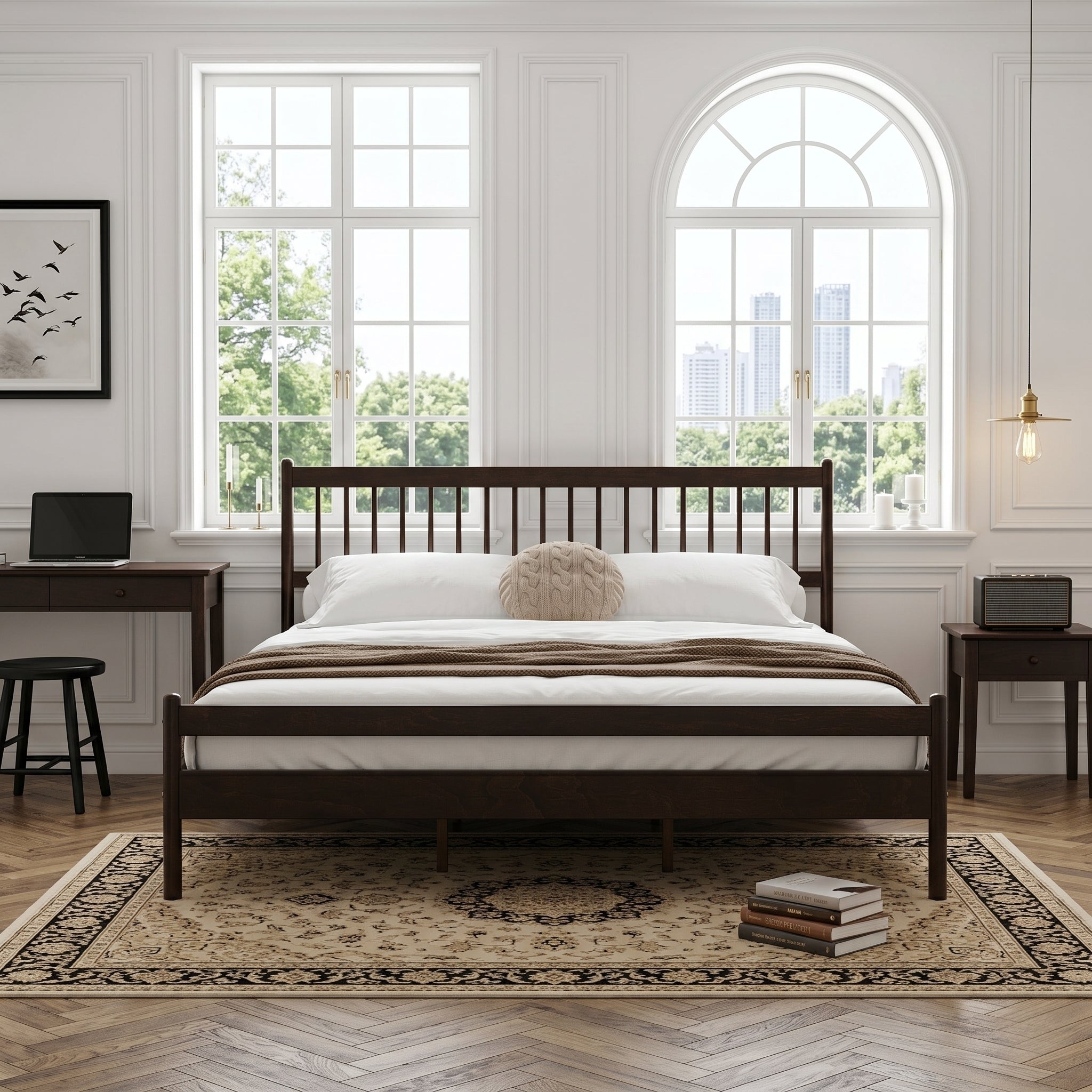 Full brown pine king bed frame with headboard, front view