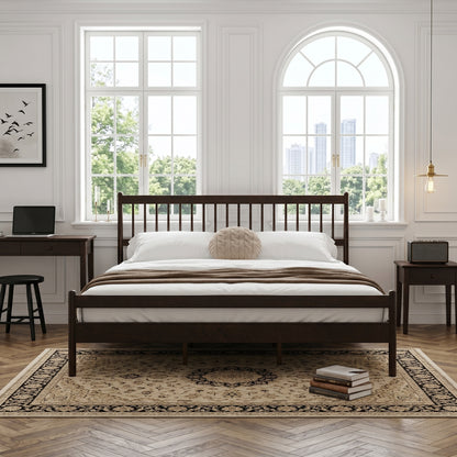 Full brown pine king bed frame with headboard, front view