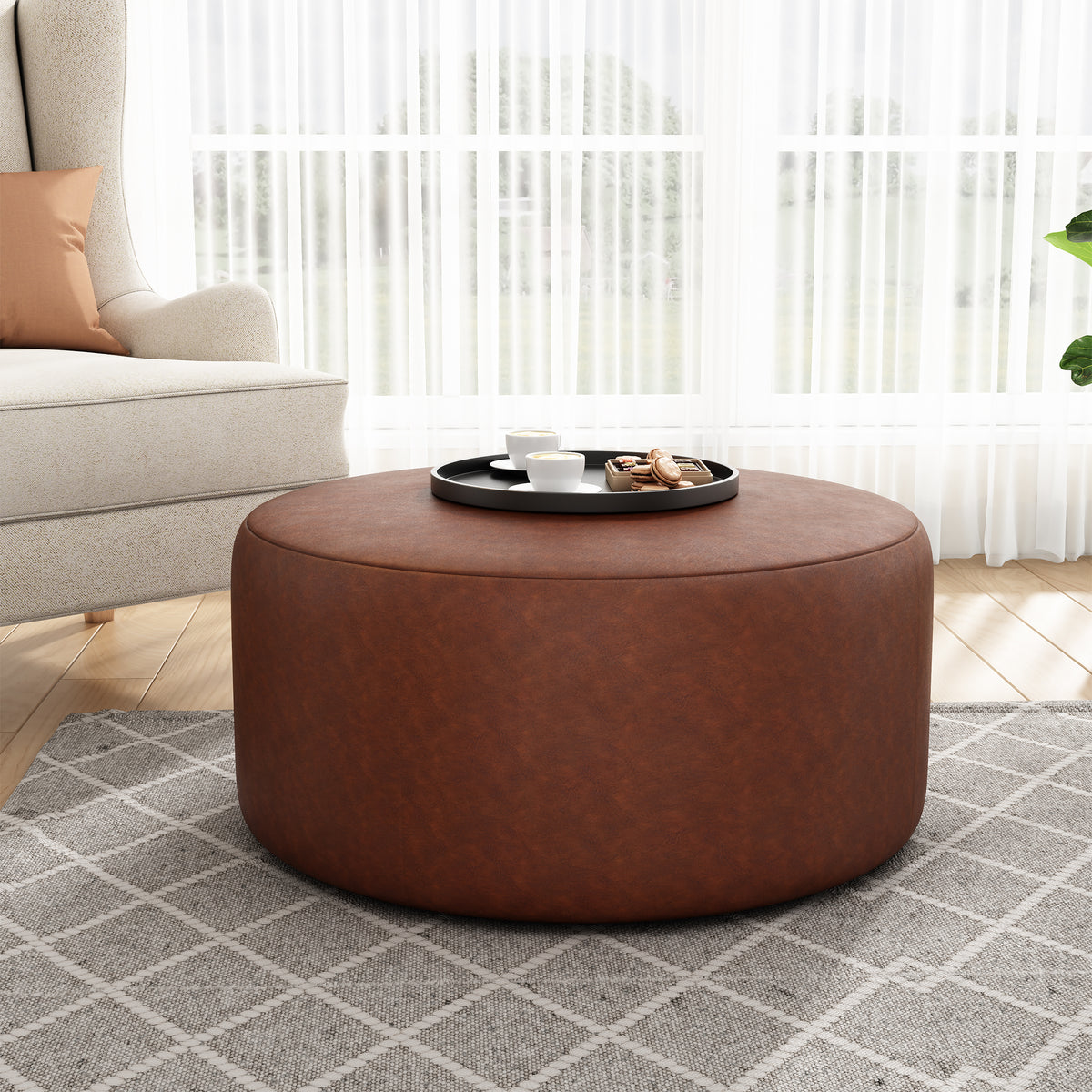 Light Brown Vegan Leather Round Ottoman, 30 in