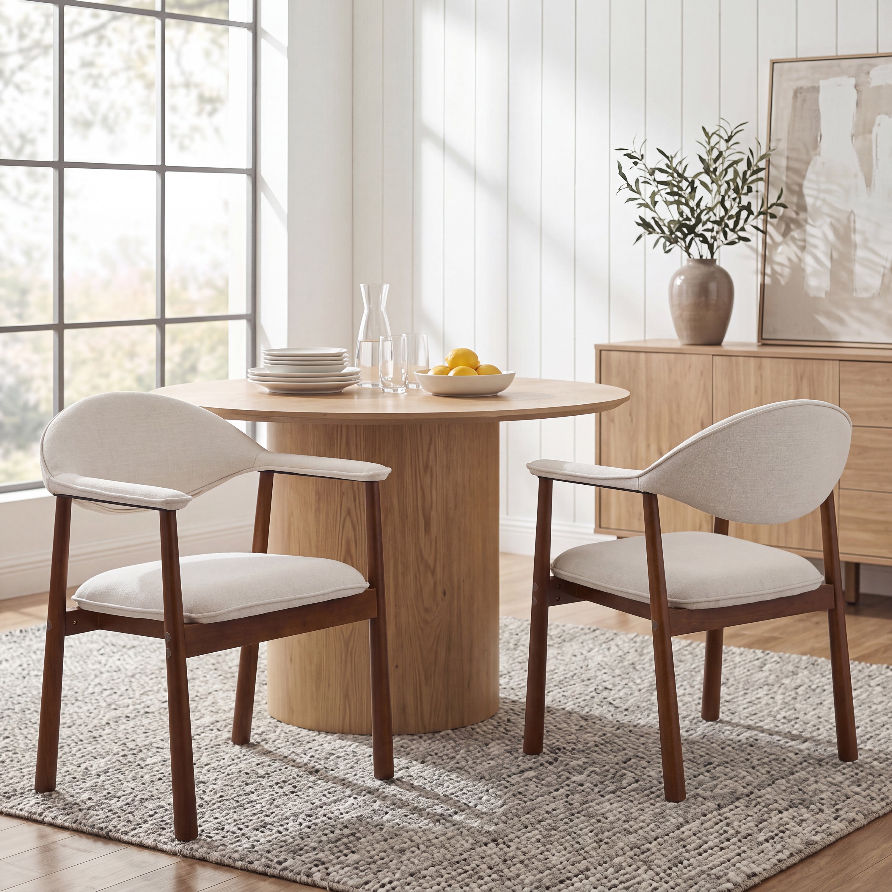 Curved-Back Dining Chairs Set of 2, Cream Fabric, Walnut Wood