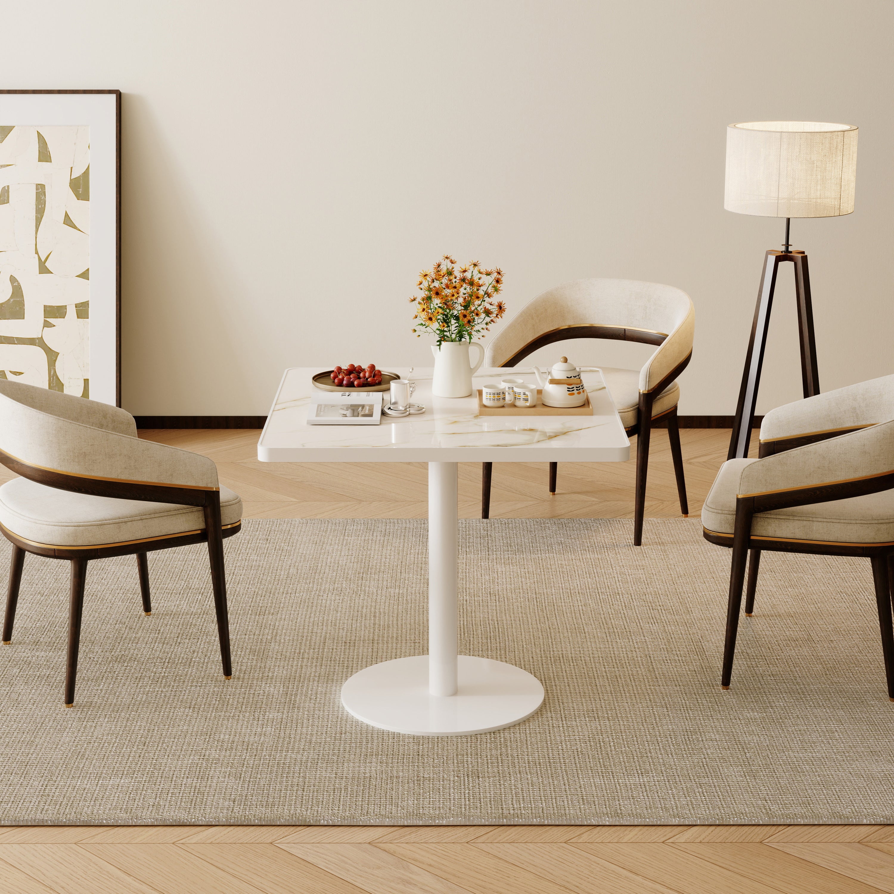 White sintered stone square dining table in living room with cream chairs and floor lamp