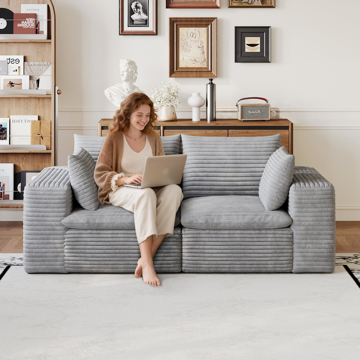 Gray Corduroy Modular 2-Seat Couch, No Assembly, 71 in Wide