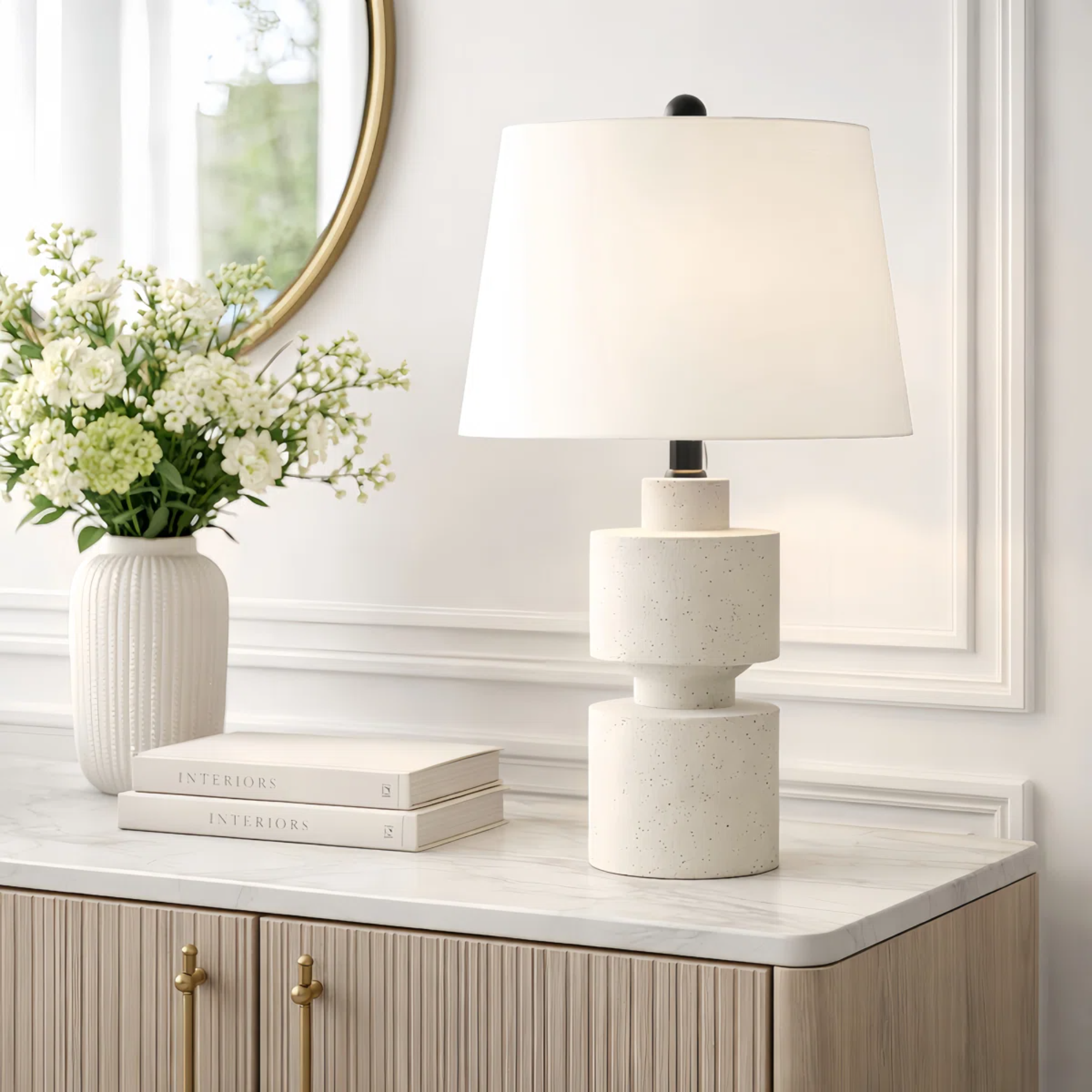 Table Lamp, Farmhouse Resin with 3-Way Dimmer, Beige