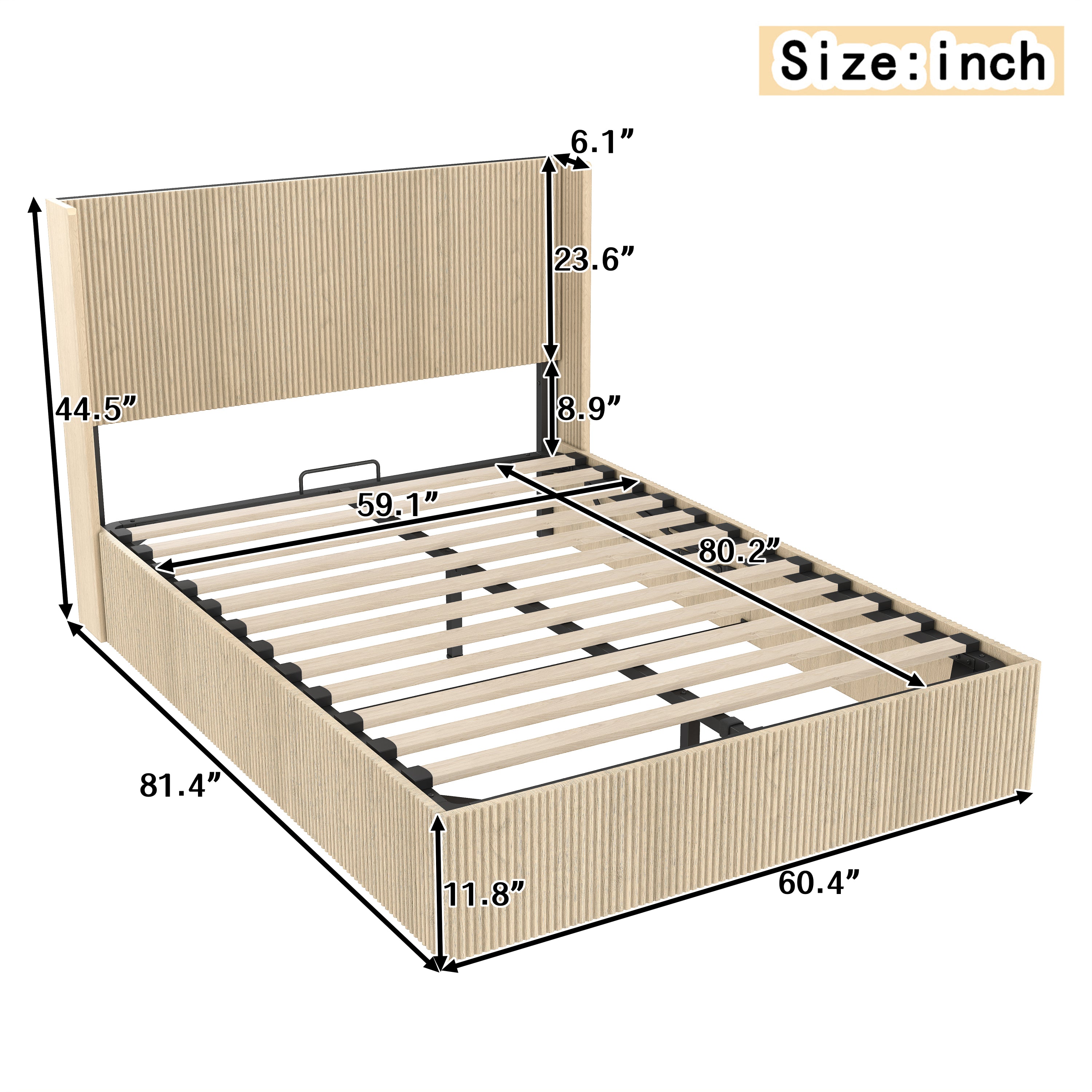 Dimension diagram of the oak storage platform bed in inches, showing headboard, wood-slat area and under-bed storage depth