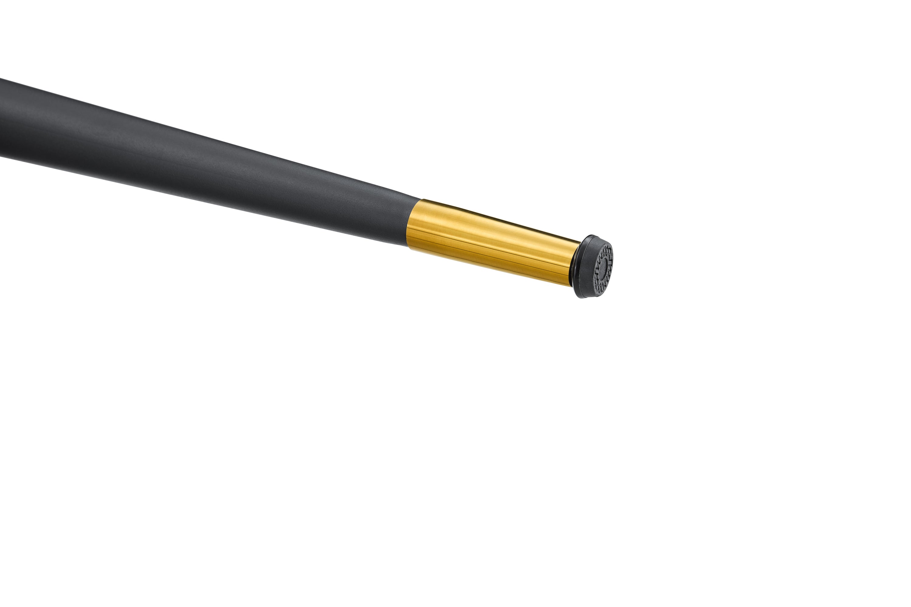 Close-up of a black tapered leg foot with gold sleeve and non-slip glide
