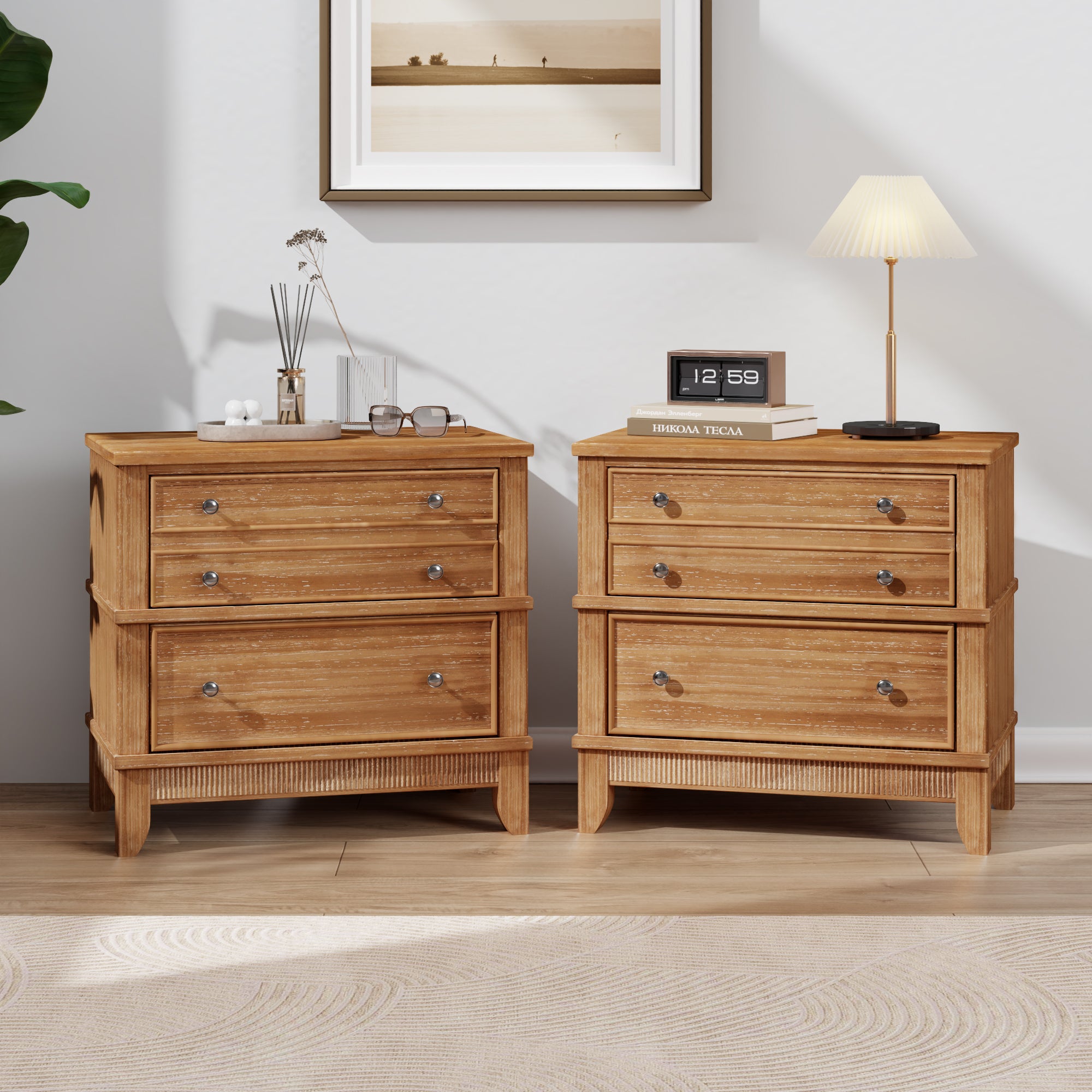 Solid Wood 3-Drawer Nightstand Set of 2, Hazel Finish