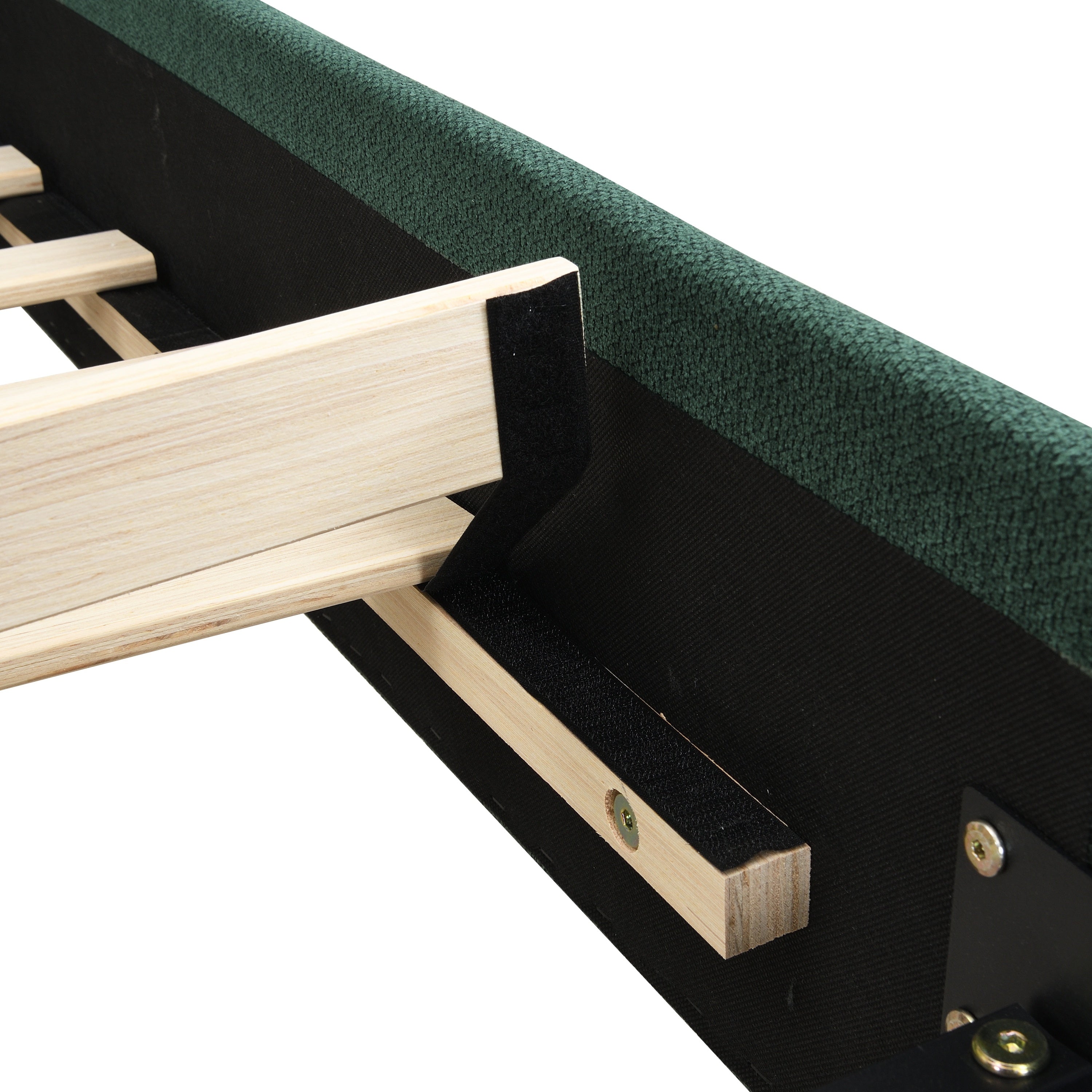 Close-up of a velcro strap securing a wood slat to the olive green upholstered bed frame #Color_Olive Green