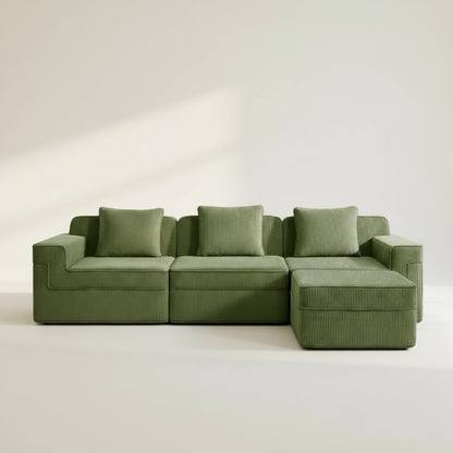 studio shot of the boneless couch from two seventy nine in olive green showing the rich corduroy texture comfortable three seat modular sectional with ottoman