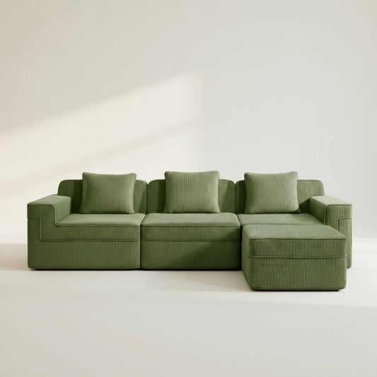 studio shot of the boneless couch from two seventy nine in olive green showing the rich corduroy texture comfortable three seat modular sectional with ottoman