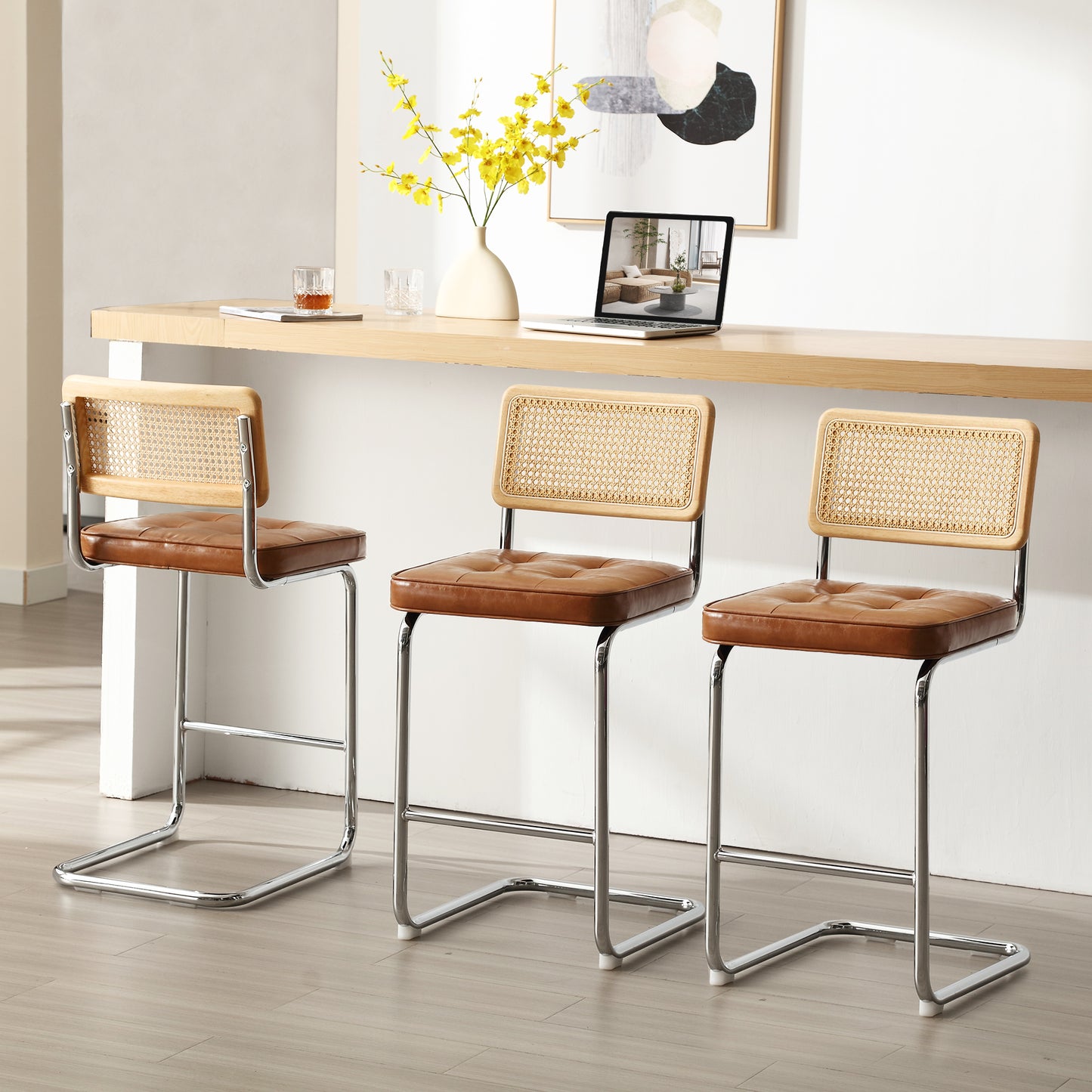 Rattan Counter Stools Set of 3 – Stainless Steel Legs & Brown Vegan Leather