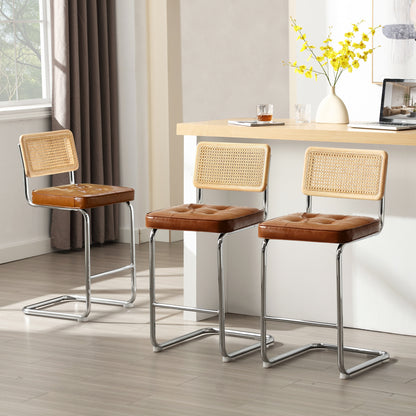 Rattan Counter Stools Set of 3 – Stainless Steel Legs & Brown Vegan Leather