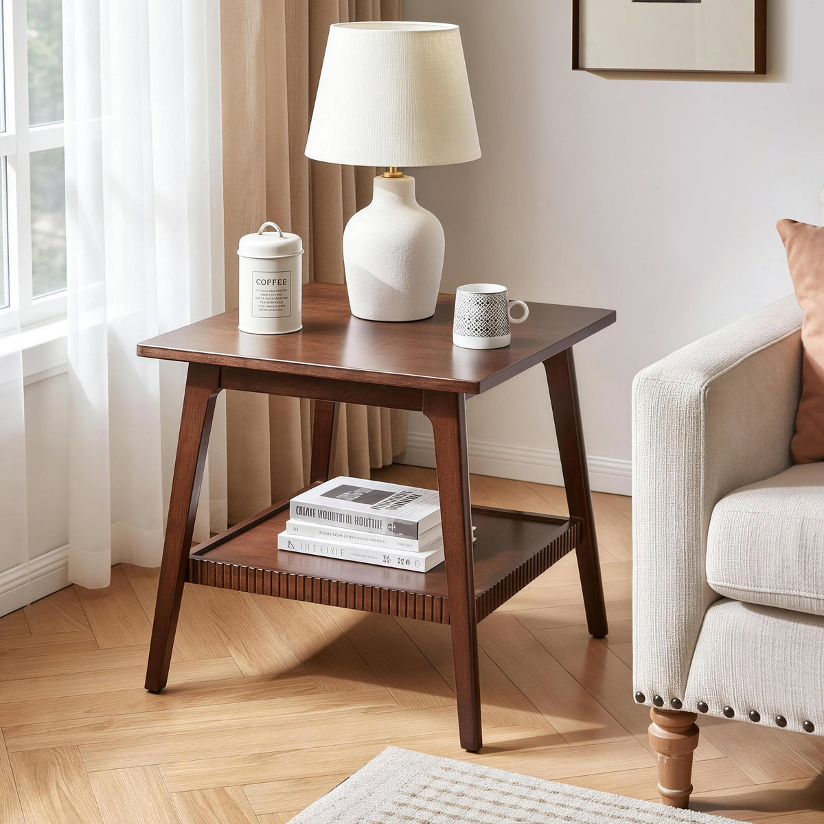 Walnut Solid Wood Side Table with Storage, 23.6 in