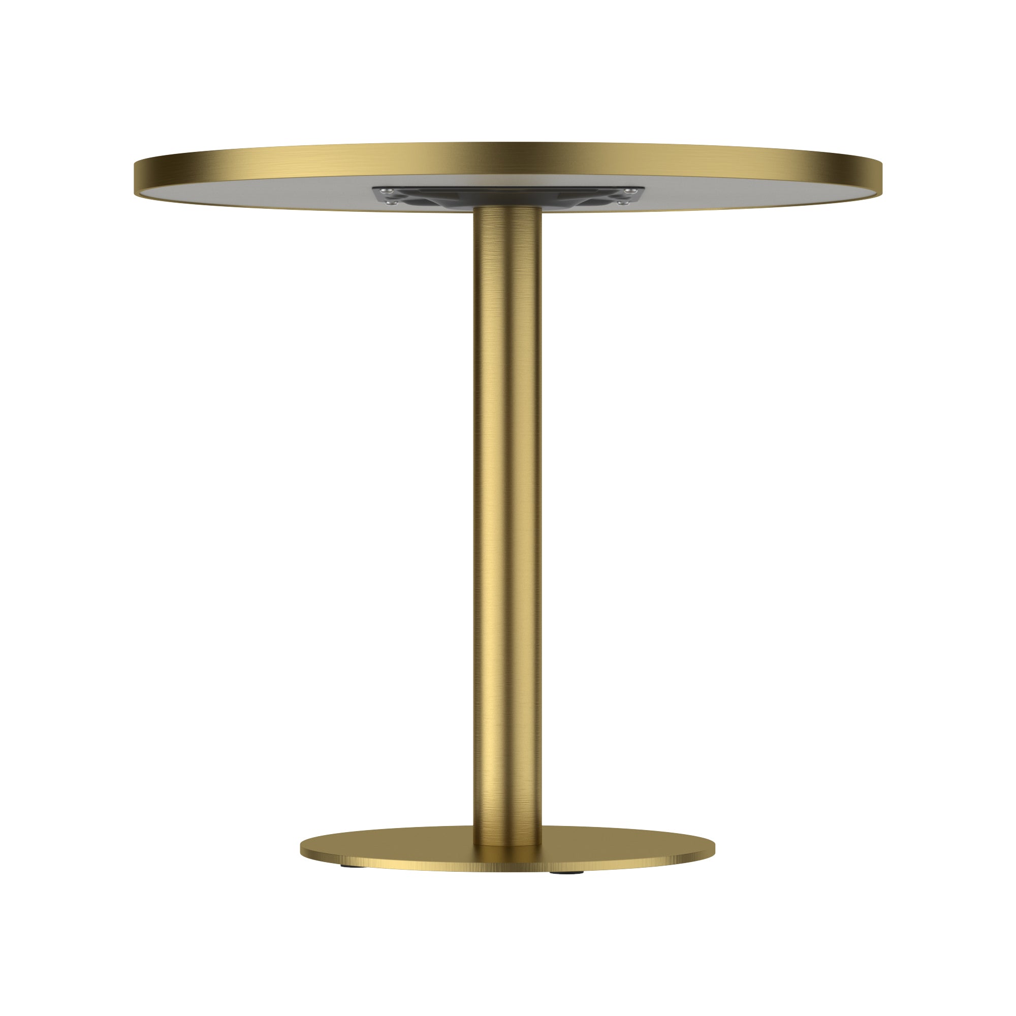 Side view of round dining table showing gold column and underside mounting bracket