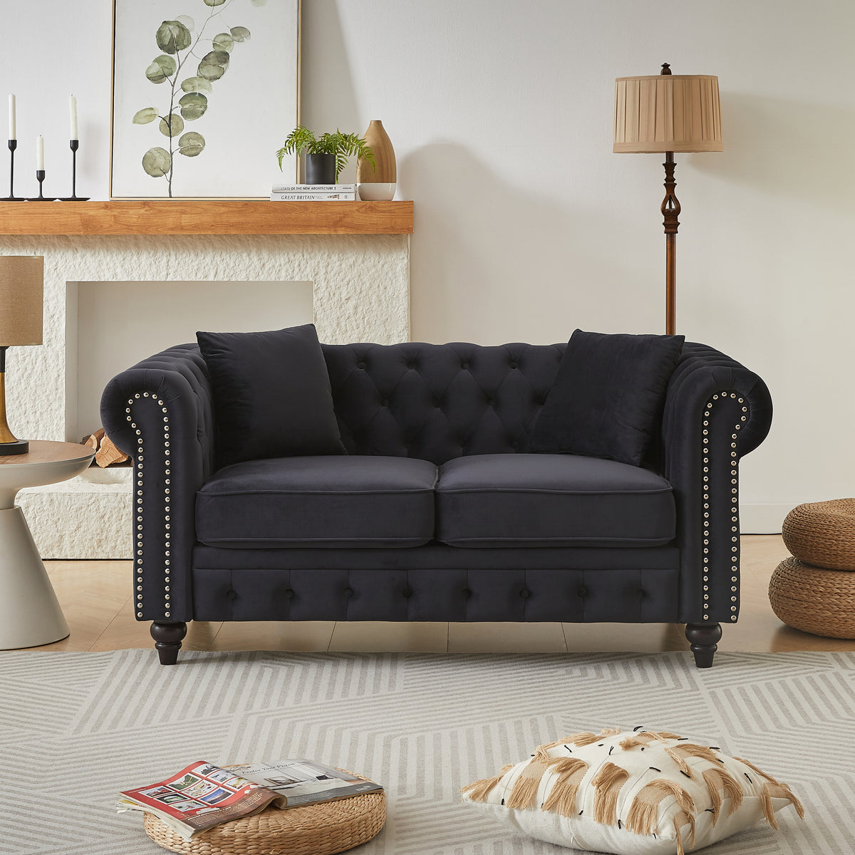 Black Velvet 2-Seat Chesterfield Sofa, 63.5 in Wide