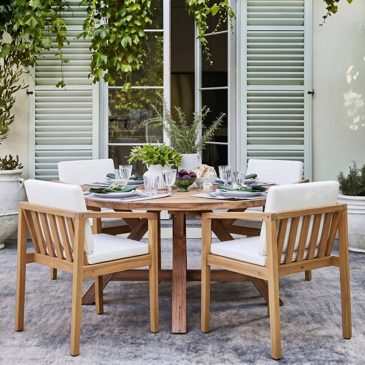 Teak Finish Solid Wood Outdoor Dining Chair with Cushions, Set of 4