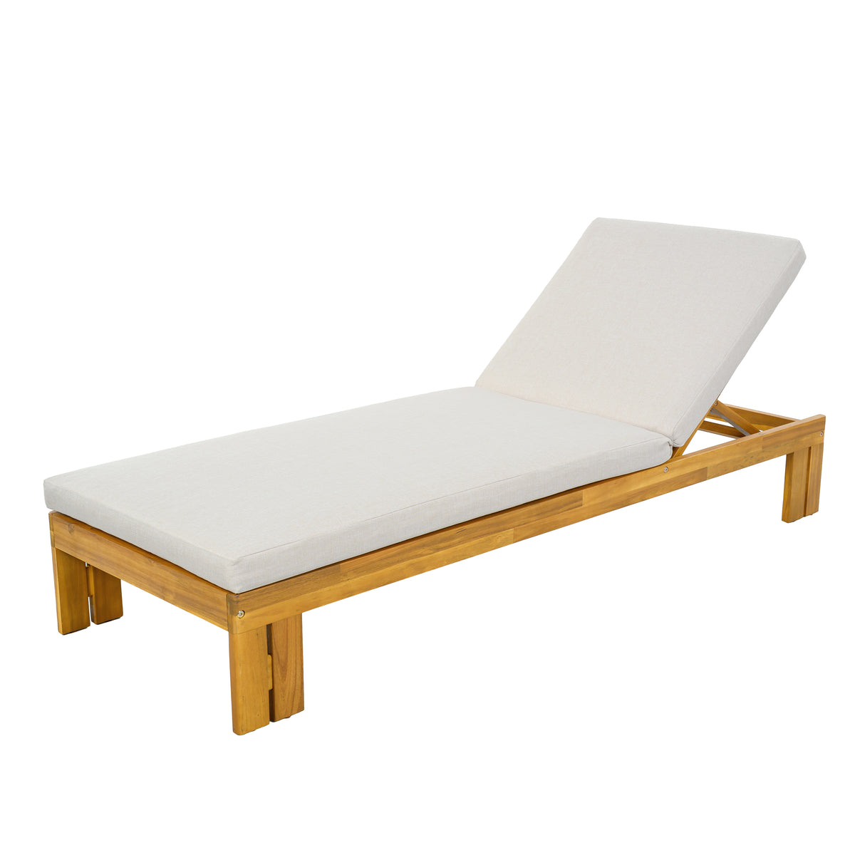 Teak Finish Solid Wood Adjustable Outdoor Chaise Lounge with Beige Cushions