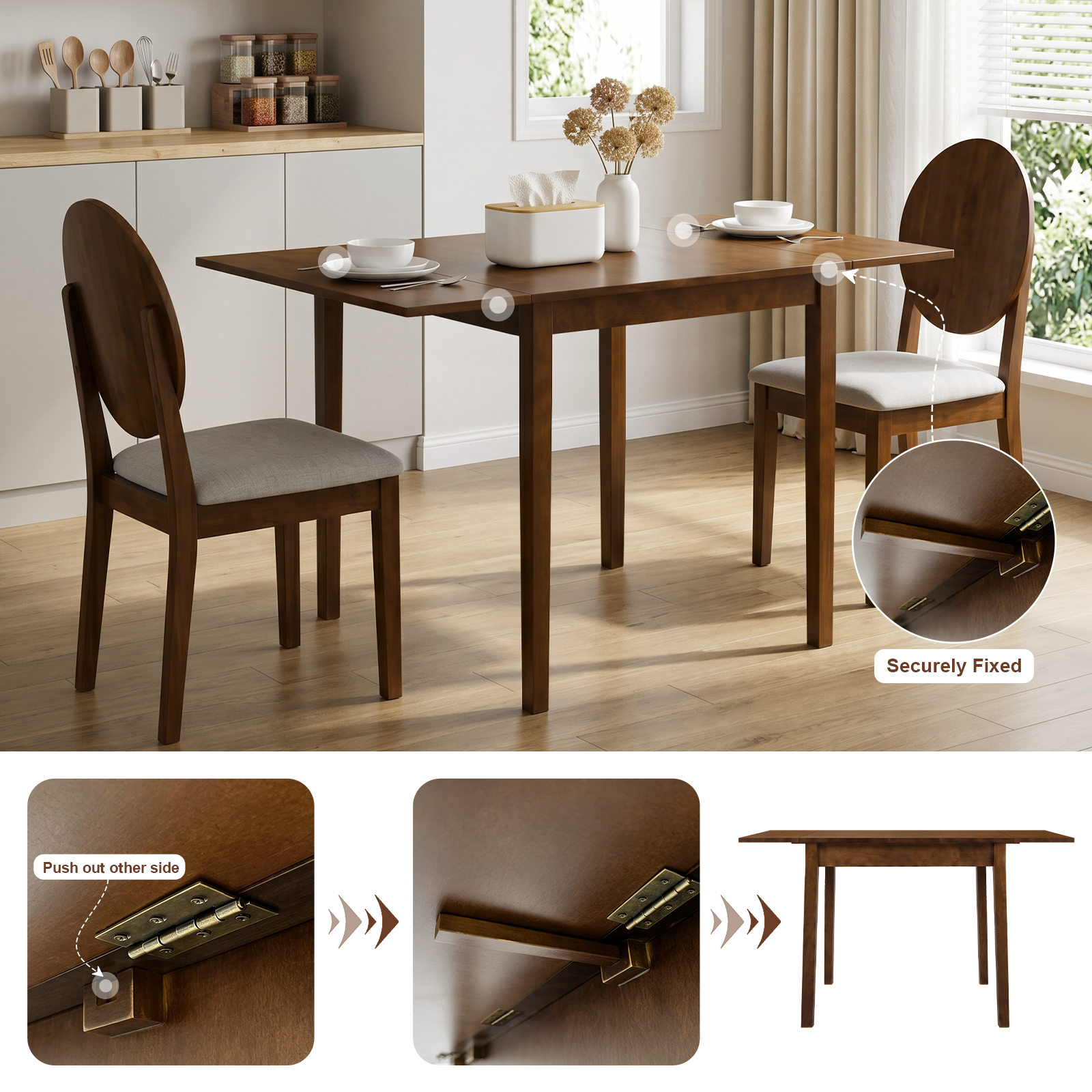 Feature graphic showing the drop-leaf table's securely fixed hinge, with a two-chair room scene
