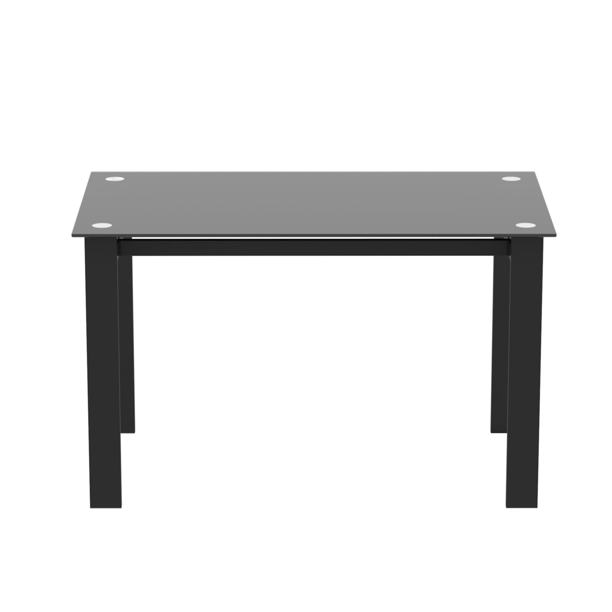 Black glass dining table viewed straight on from the front, plain white studio background