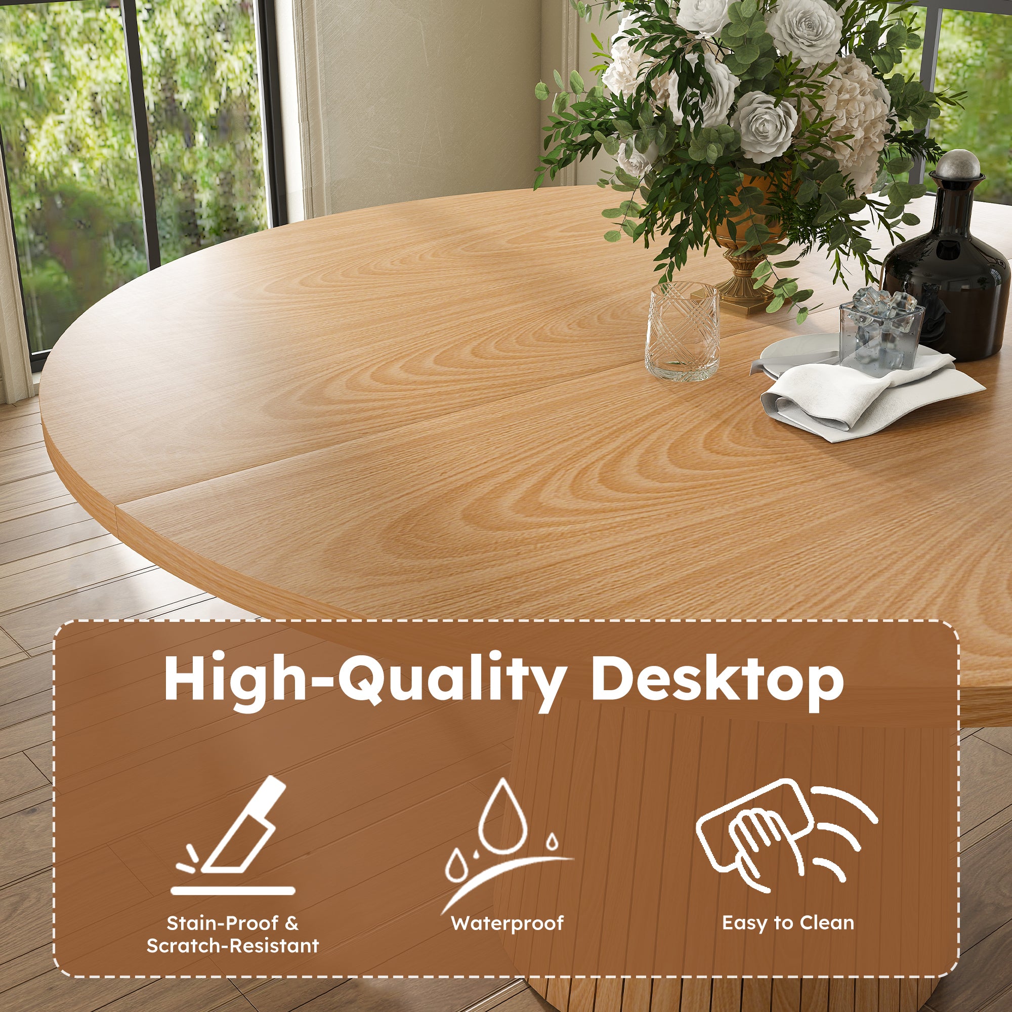 Feature graphic titled high-quality desktop with stain-proof, waterproof, and easy-clean icons