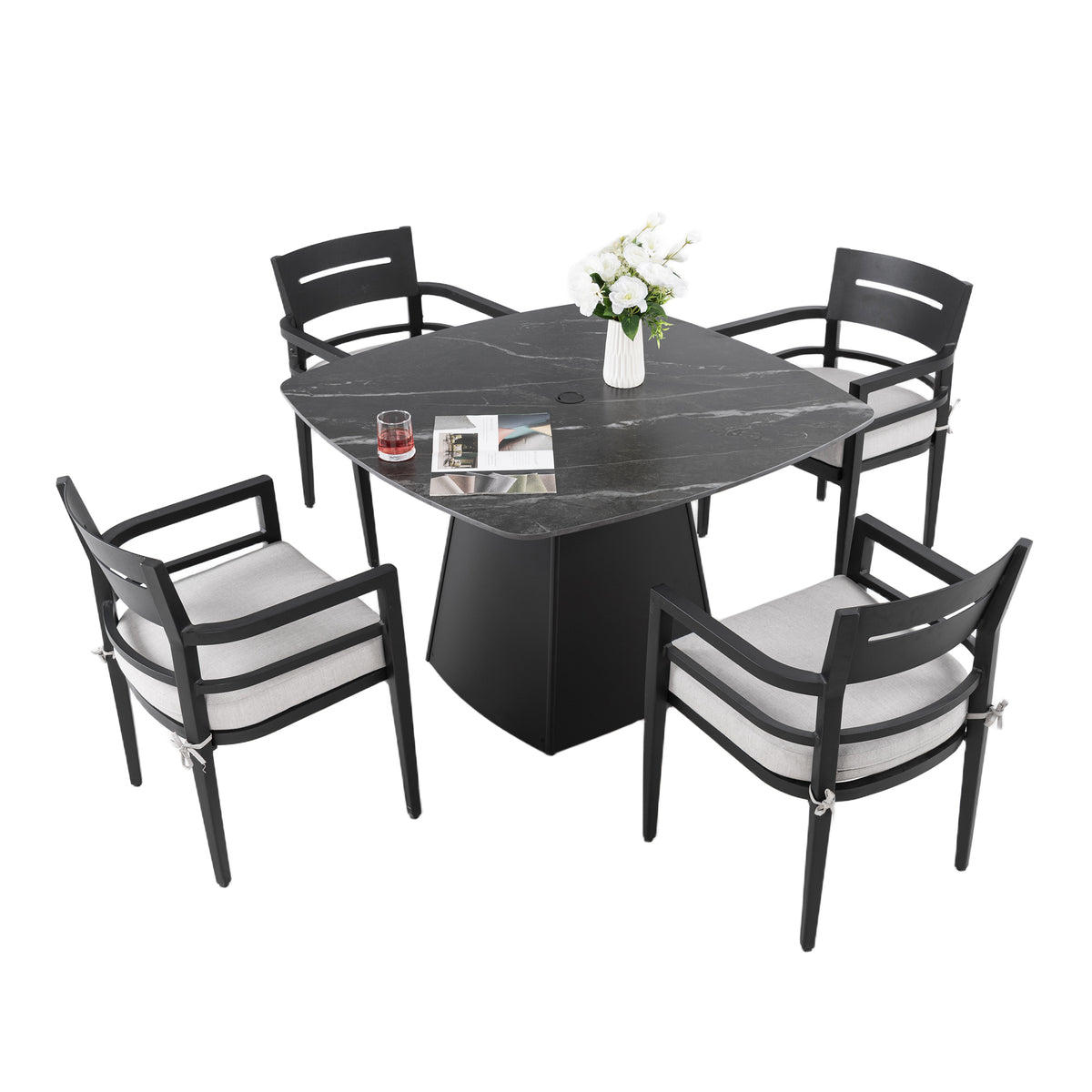 Black Aluminum 5-Piece Patio Dining Set for 4 with Cushions, with Arms