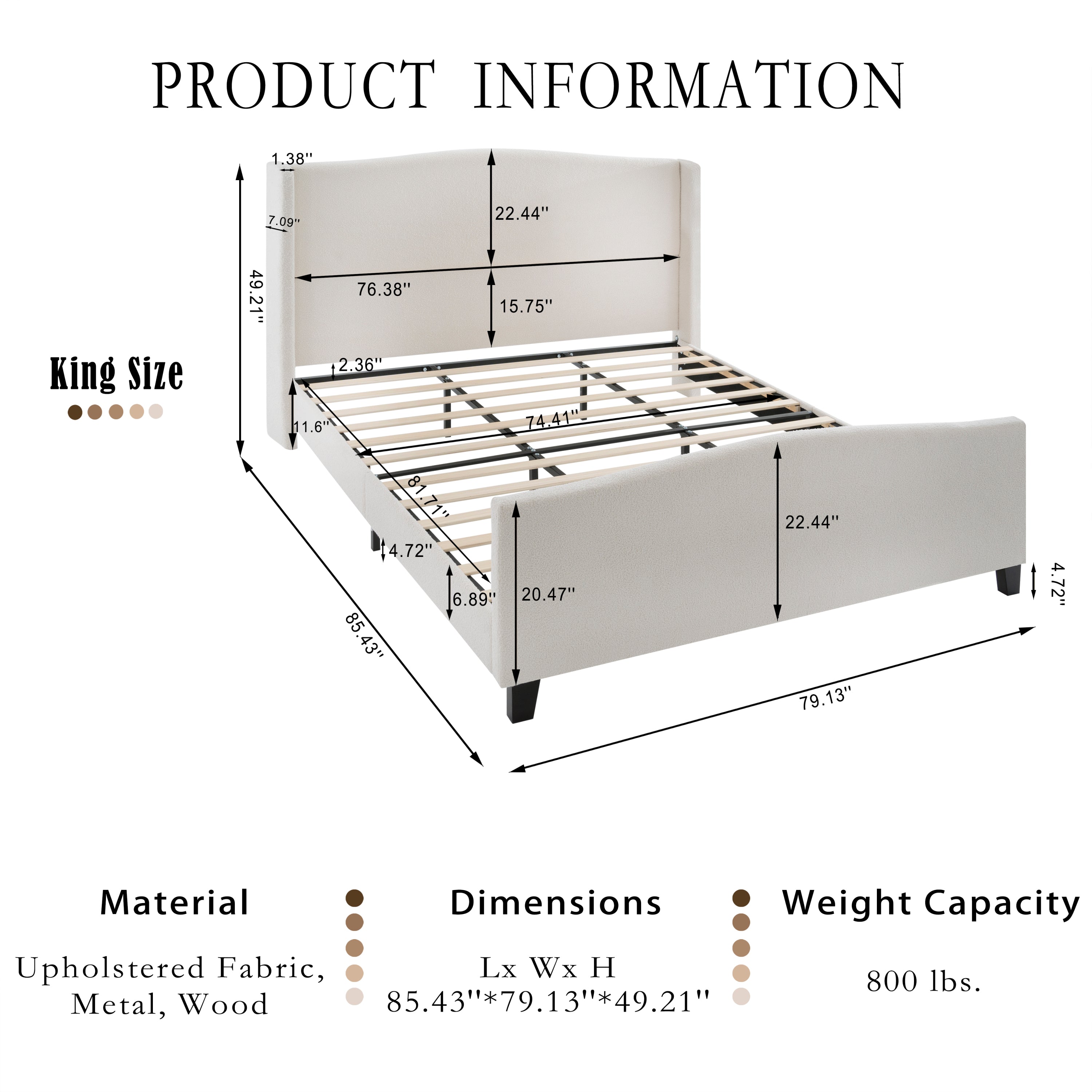 Diagram of king bed showing 85.43 by 79.13 by 49.21 inch dimensions