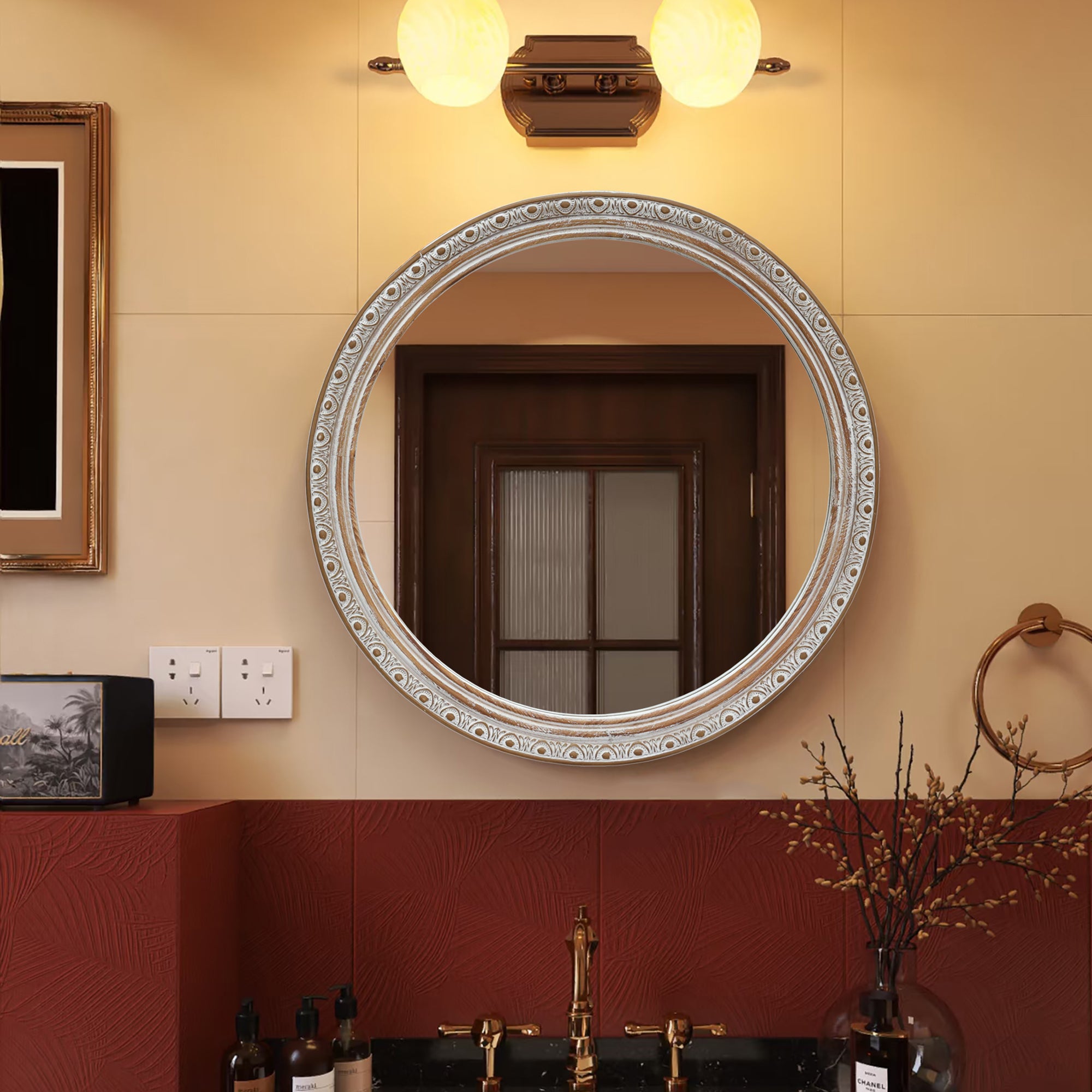 Ornate Carved Round Mirror, 23.62 in, Ancient White