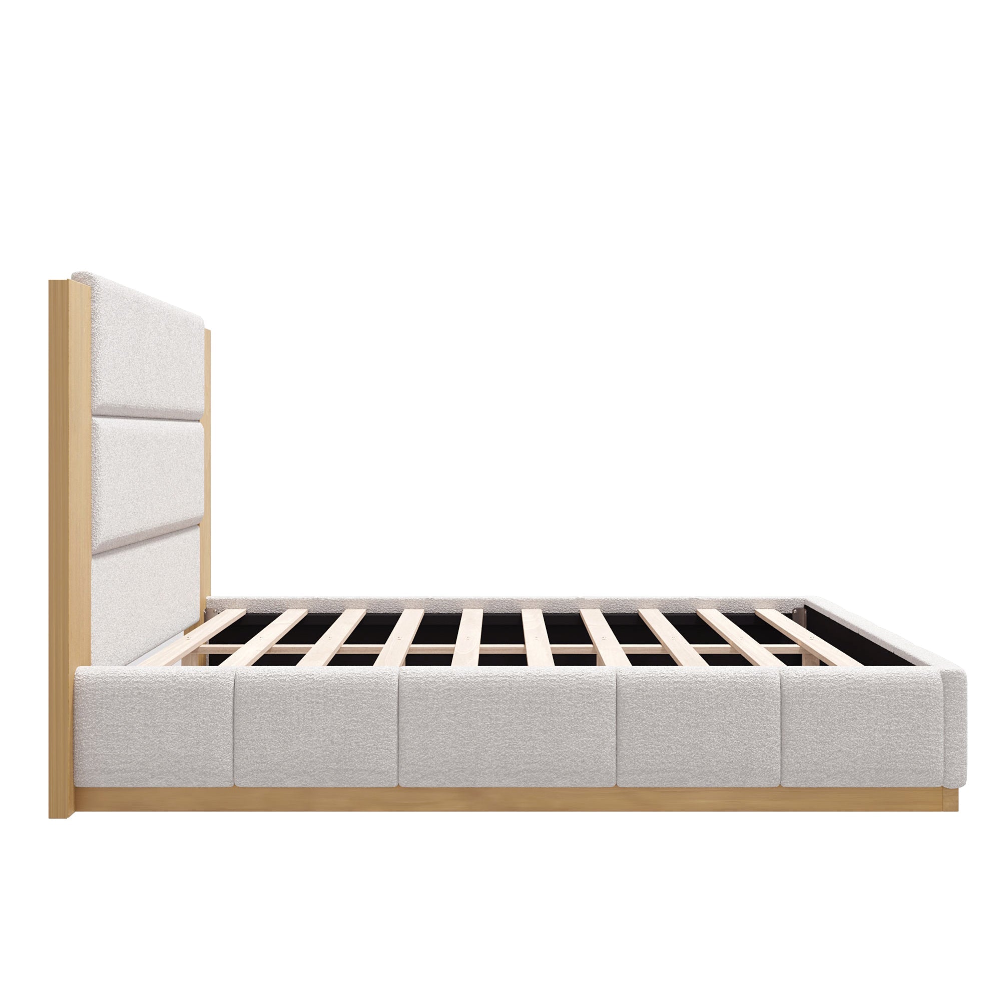 Side profile of the white boucle queen bed frame, padded headboard on light oak posts over a wood-slat platform #Color_White Boucle
