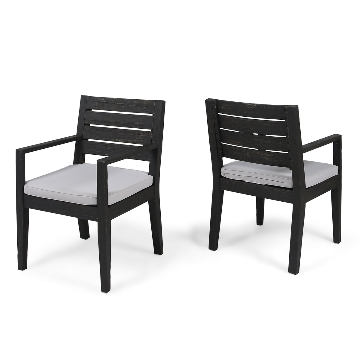 Dark Gray Solid Wood Outdoor Dining Chair with Light Gray Cushions, Set of 2