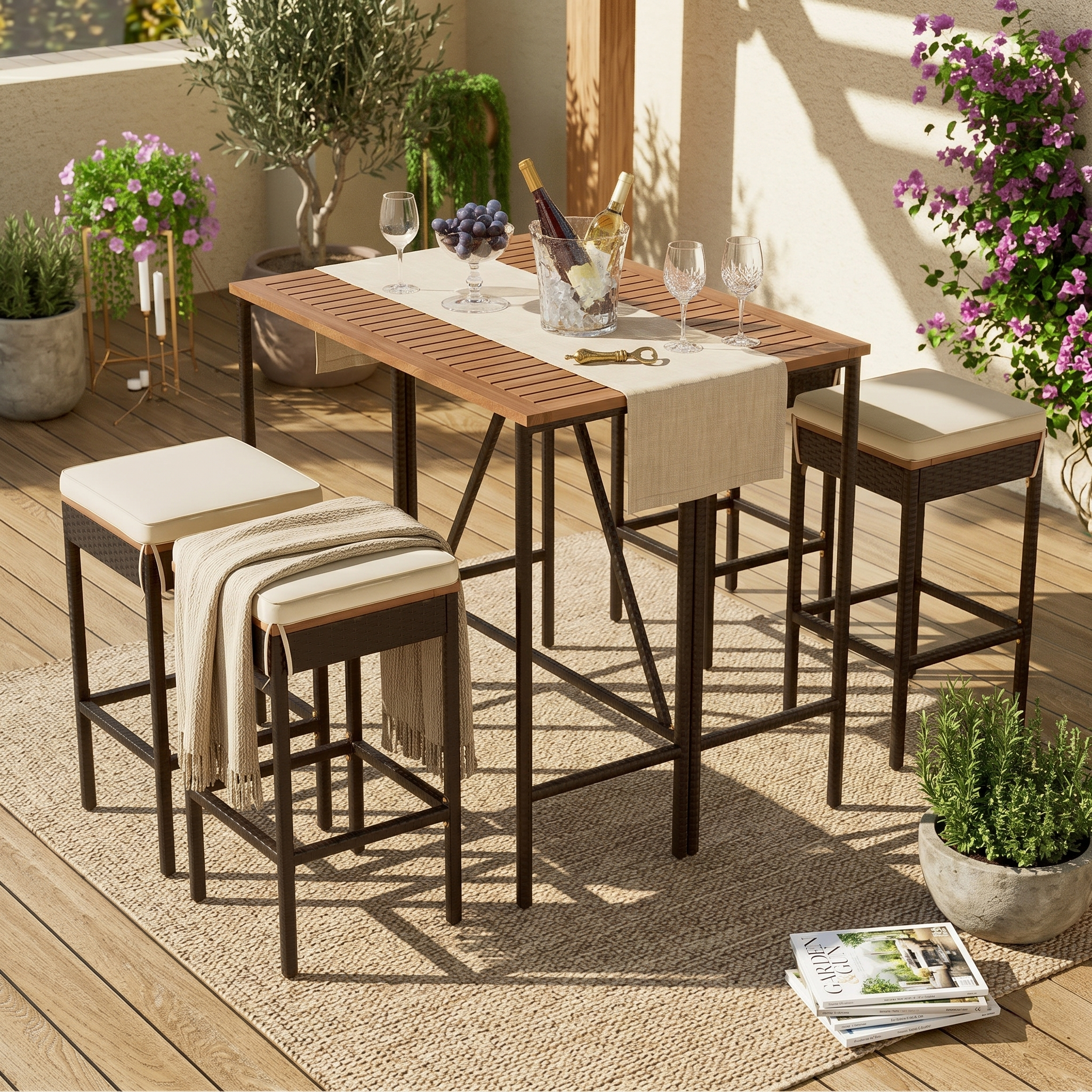 5-Piece Outdoor Bar-Height Set, Acacia Table and 4 Wicker Stools
