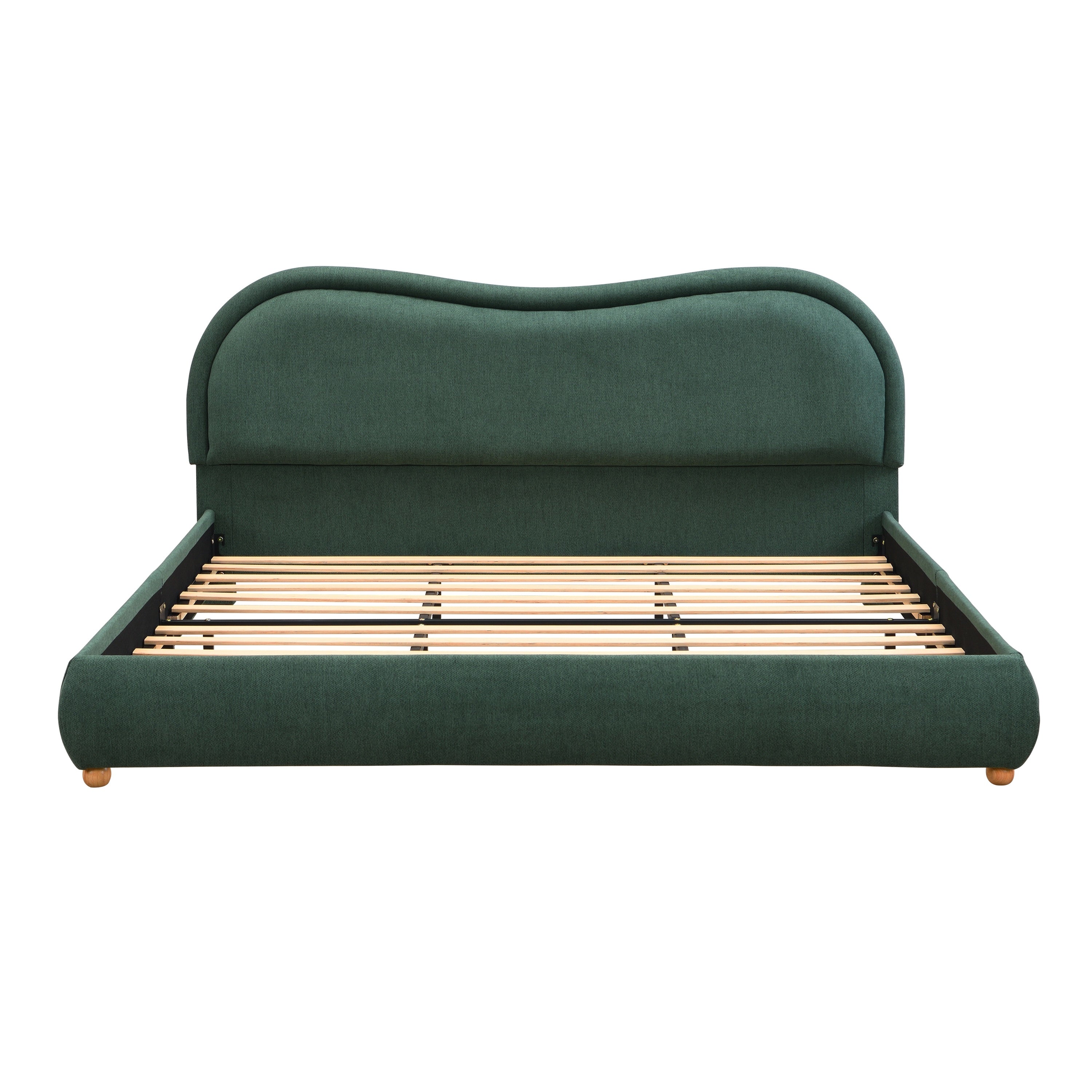 Front view of olive green king bed frame showing curved headboard