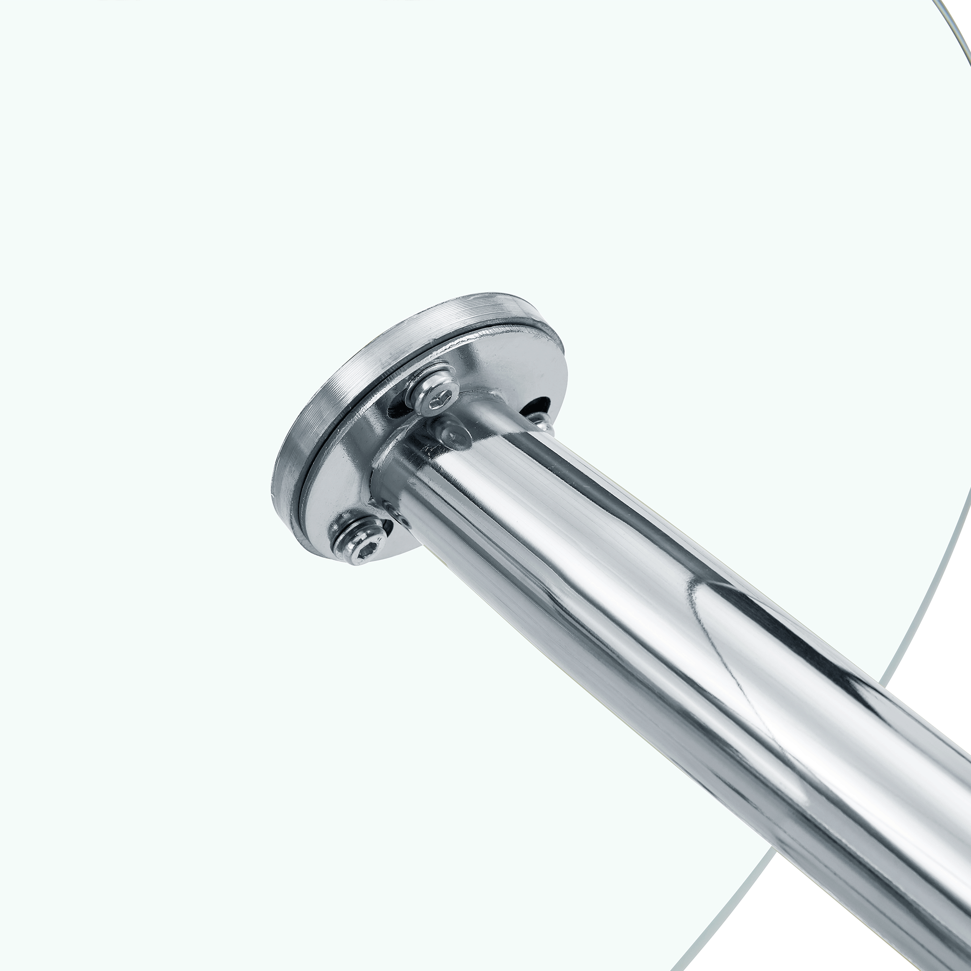 Studio close-up of the screwed suction-cup mount joining a chrome leg to the glass top