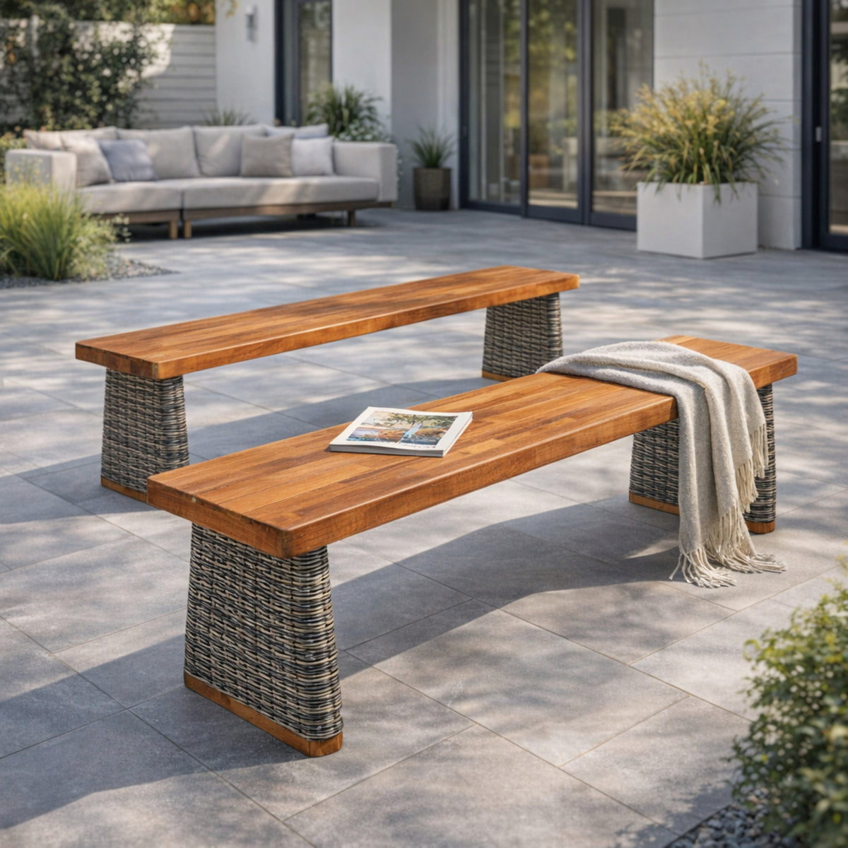 Teak Finish Solid Wood Outdoor Bench, Set of 2, 57 in Wide