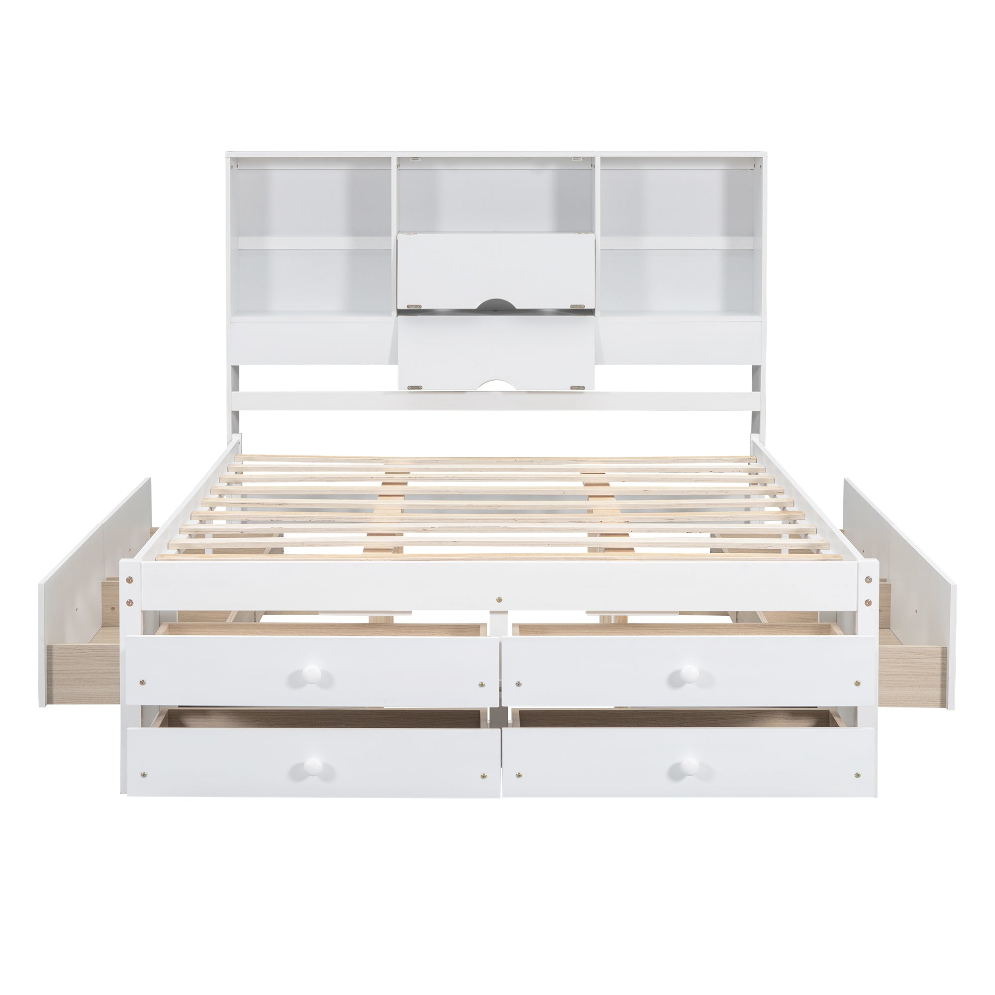 Bare studio front of the white queen bed with headboard shelves and flip-down compartment open