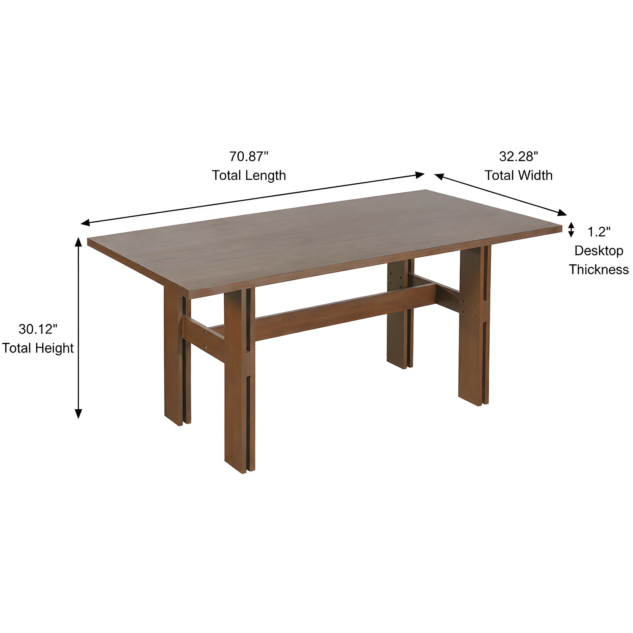 Dimension diagram of the dining table showing 70.87 in length, 32.28 in width, 30.12 in height, 1.2 in top
