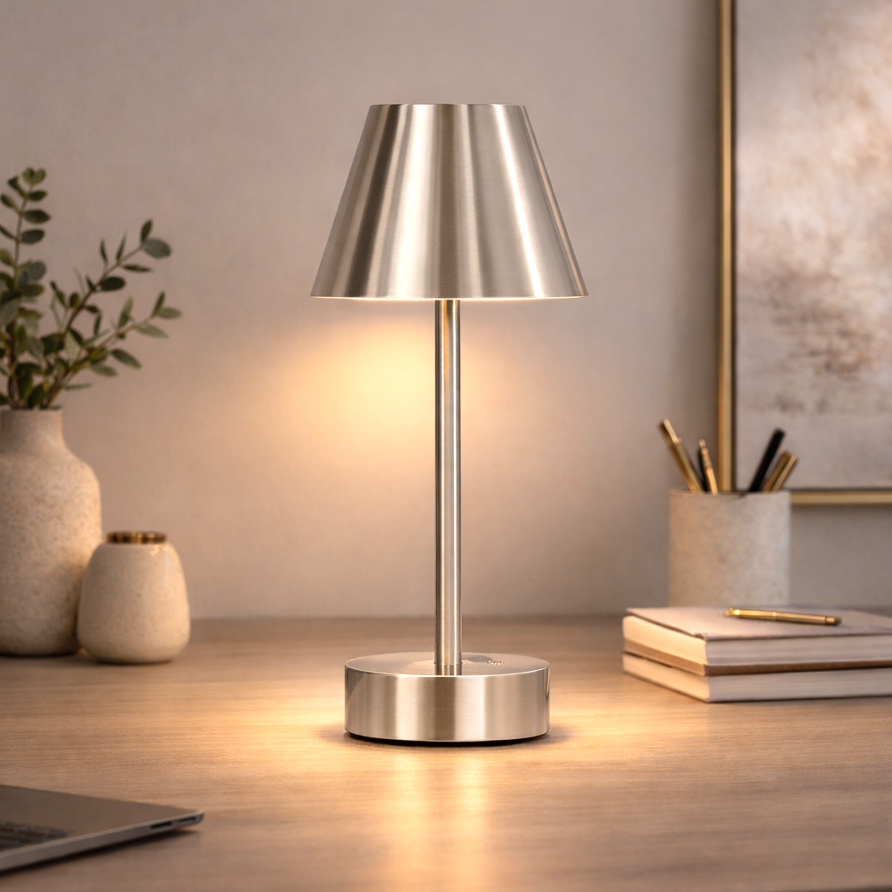 Table Lamp with Rechargeable Dimmable LED, Brushed Nickel