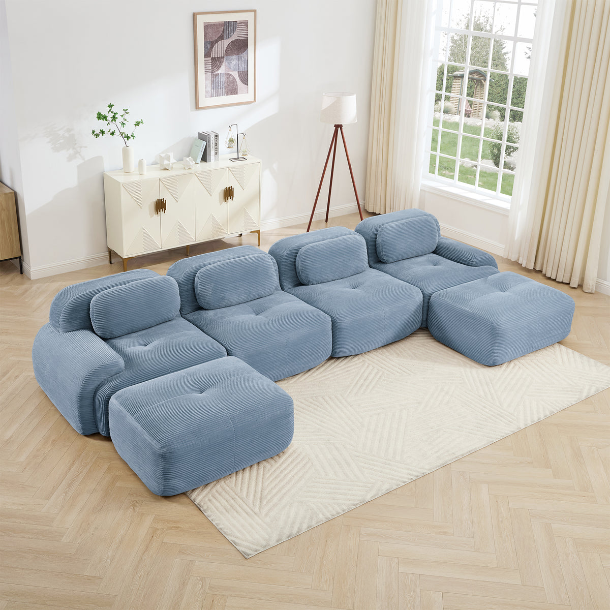 Blue Corduroy U-Shaped Modular Sectional Couch, 4-Seat